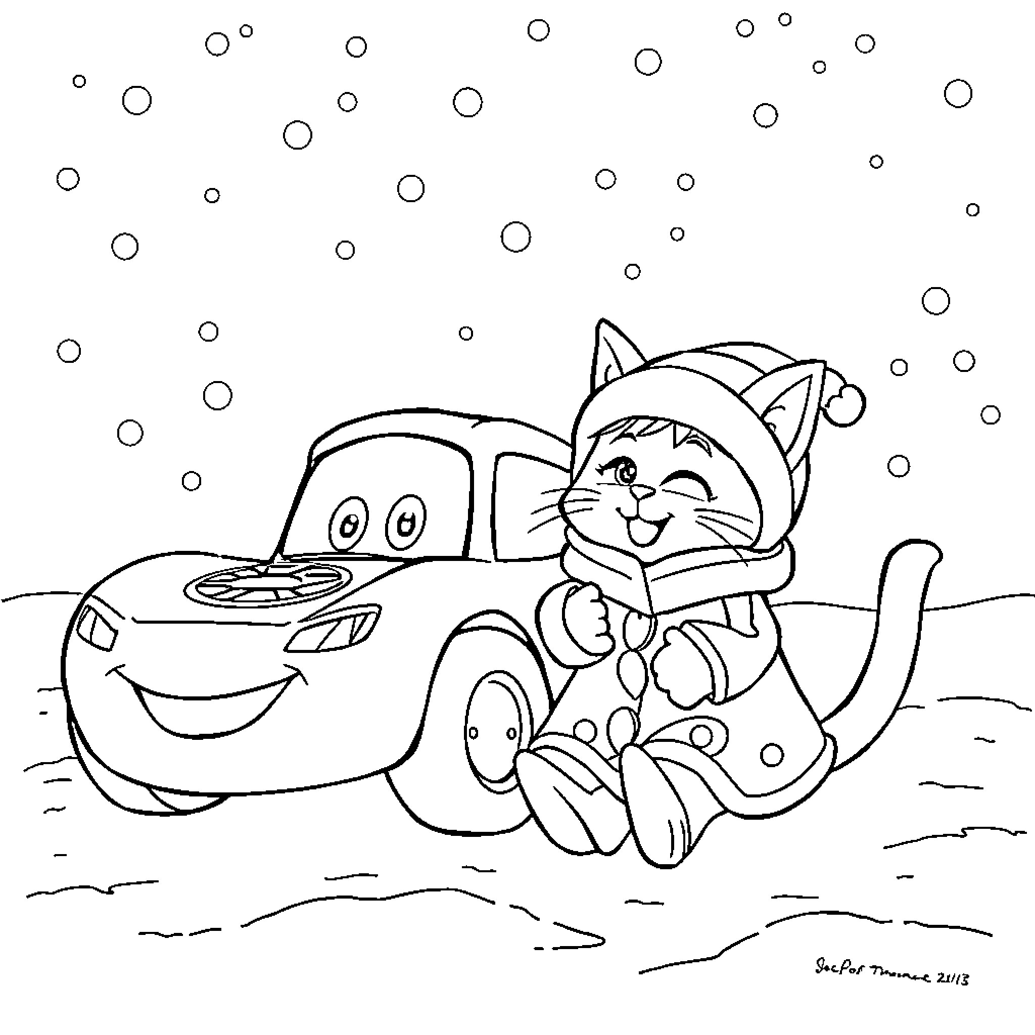 Flash McQueen and Kitten Enjoying Snow and Fun Coloring Page (free black-and-white line drawing printable PDF for all, from beginners to advanced learners, including children, teens, adults, and seniors)