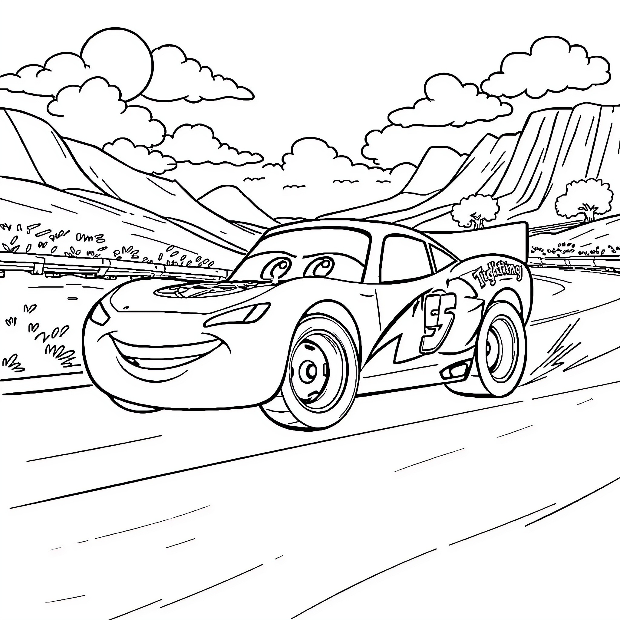 Lightning McQueen racing through scenic landscape Coloring Page (free black-and-white line drawing printable PDF for all, from beginners to advanced learners, including children, teens, adults, and seniors)