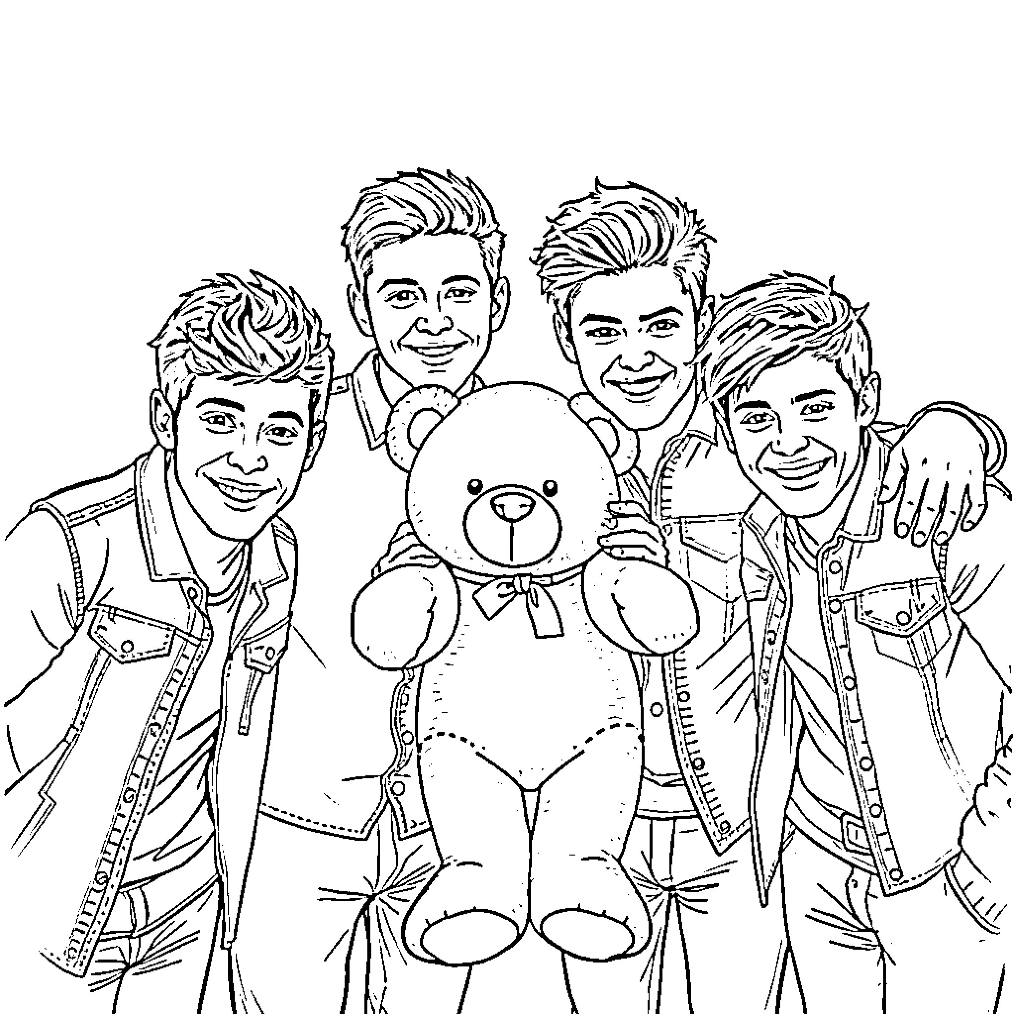 Direction: Band Members Pose with Teddy Bear Coloring Page (free black-and-white line drawing printable PDF for all, from beginners to advanced learners, including children, teens, adults, and seniors)