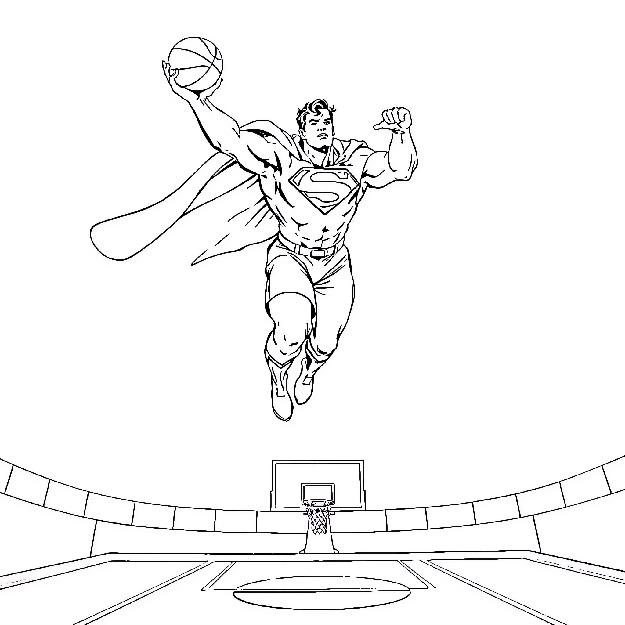 Superman soaring with basketball in basketball court Coloring Page (free black-and-white line drawing printable PDF for all, from beginners to advanced learners, including children, teens, adults, and seniors)