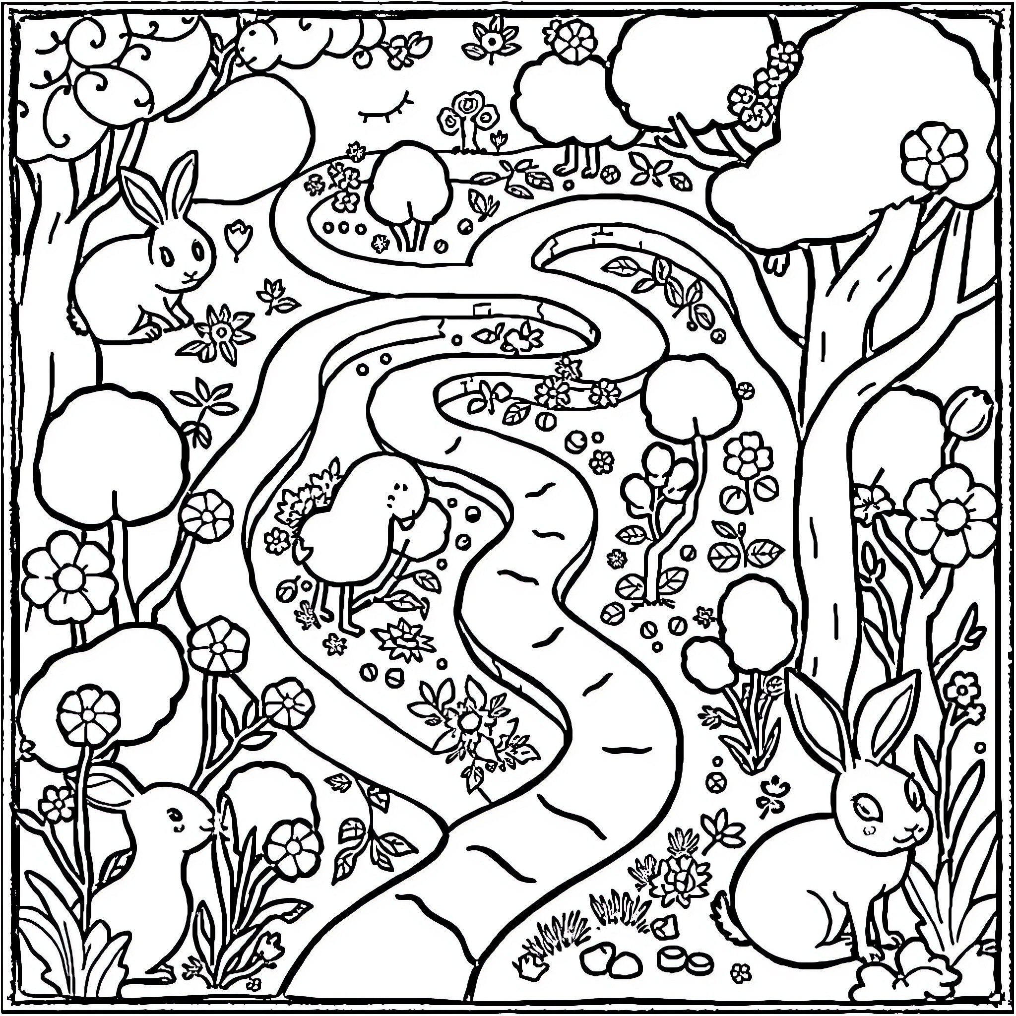 Rabbits hopping through a whimsical garden scene Coloring Page (free black-and-white line drawing printable PDF for all, from beginners to advanced learners, including children, teens, adults, and seniors)