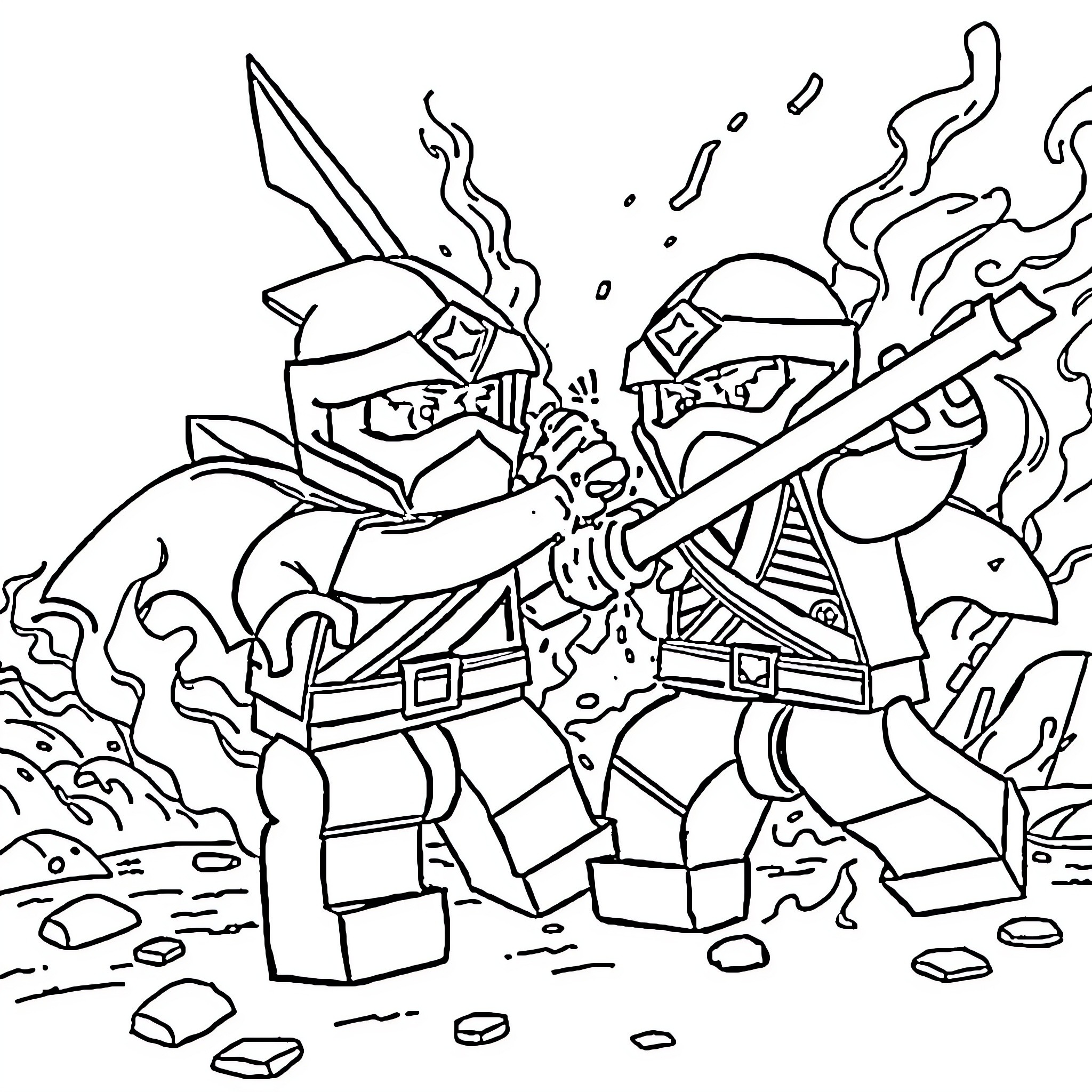 Lego Ninjago Warriors Battling with Swords and Explosions Coloring Page (free black-and-white line drawing printable PDF for all, from beginners to advanced learners, including children, teens, adults, and seniors)