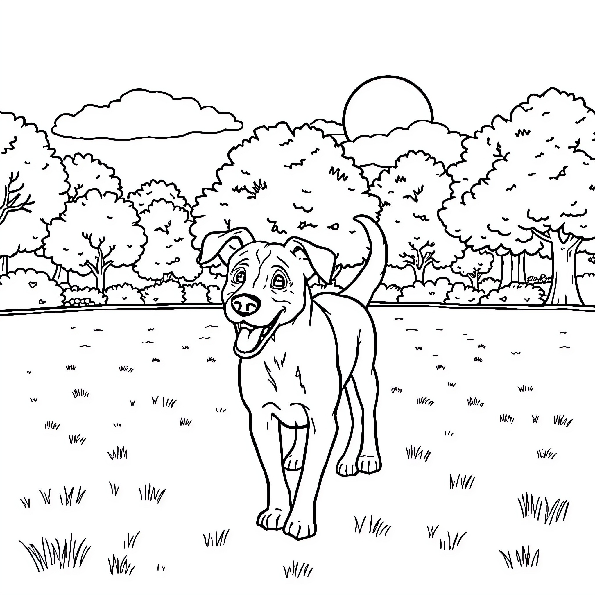 Dog playing happily in the park Coloring Page (free black-and-white line drawing printable PDF for all, from beginners to advanced learners, including children, teens, adults, and seniors)