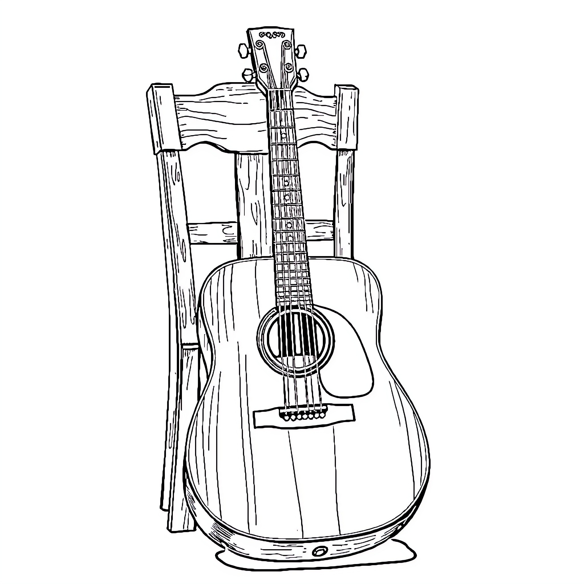 Guitar in a Wooden Chair Coloring Page (free black-and-white line drawing printable PDF for all, from beginners to advanced learners, including children, teens, adults, and seniors)