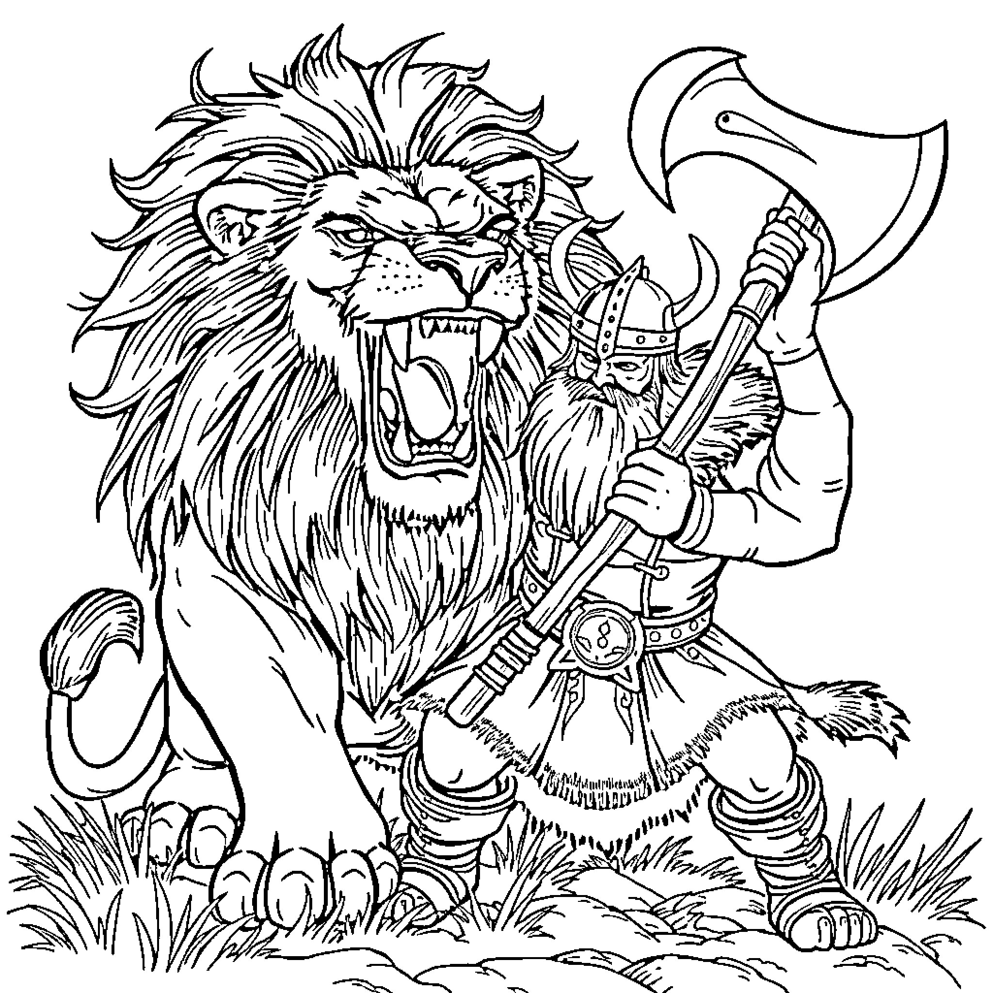 Lion warrior wielding a battle axe Coloring Page (free black-and-white line drawing printable PDF for all, from beginners to advanced learners, including children, teens, adults, and seniors)