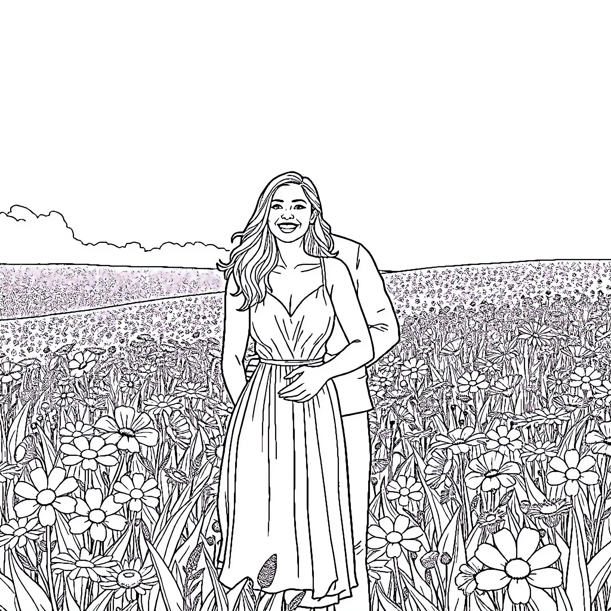 Woman posing in a field of flowers Coloring Page (free black-and-white line drawing printable PDF for all, from beginners to advanced learners, including children, teens, adults, and seniors)