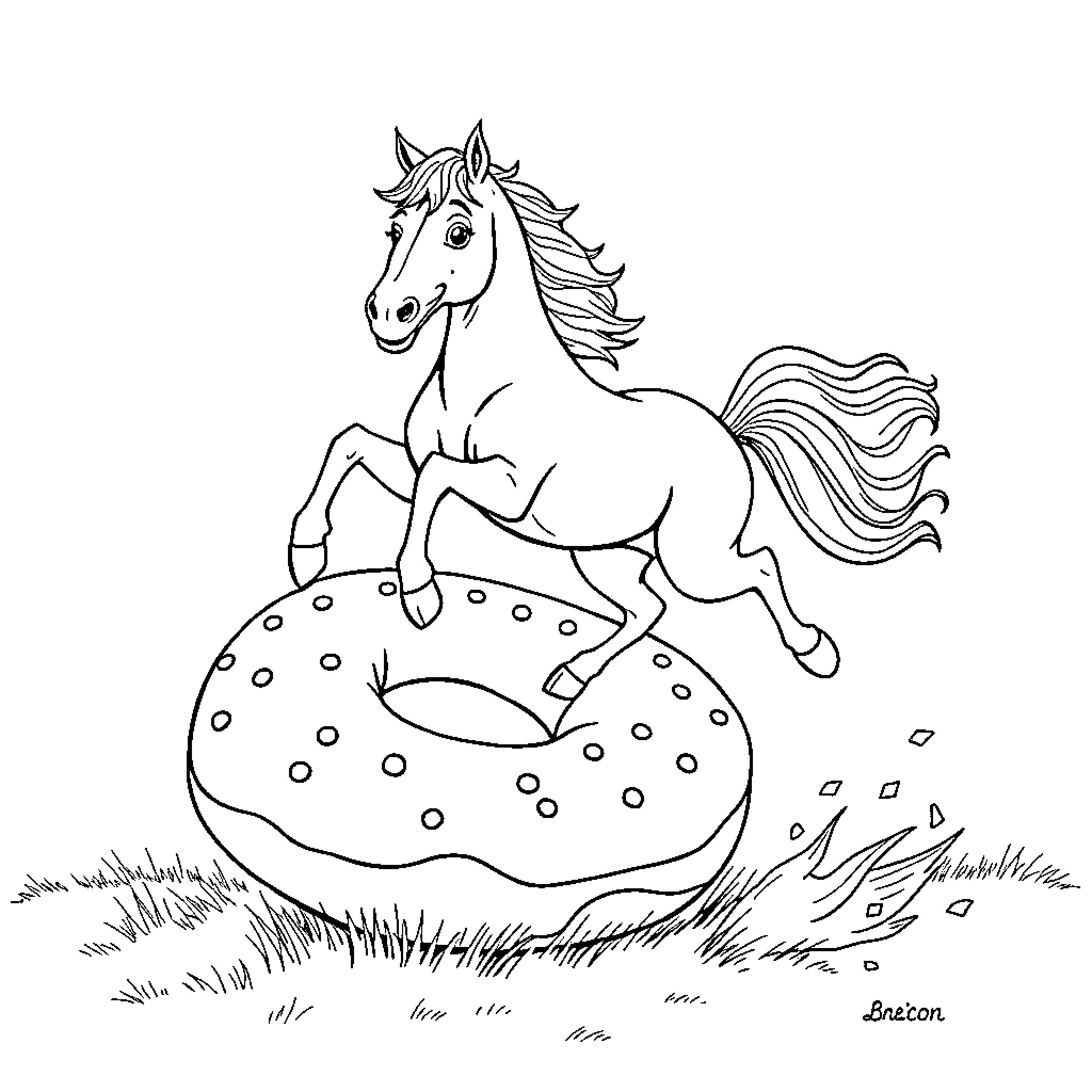 Horse galloping joyfully on spotted meadow Coloring Page (free black-and-white line drawing printable PDF for all, from beginners to advanced learners, including children, teens, adults, and seniors)