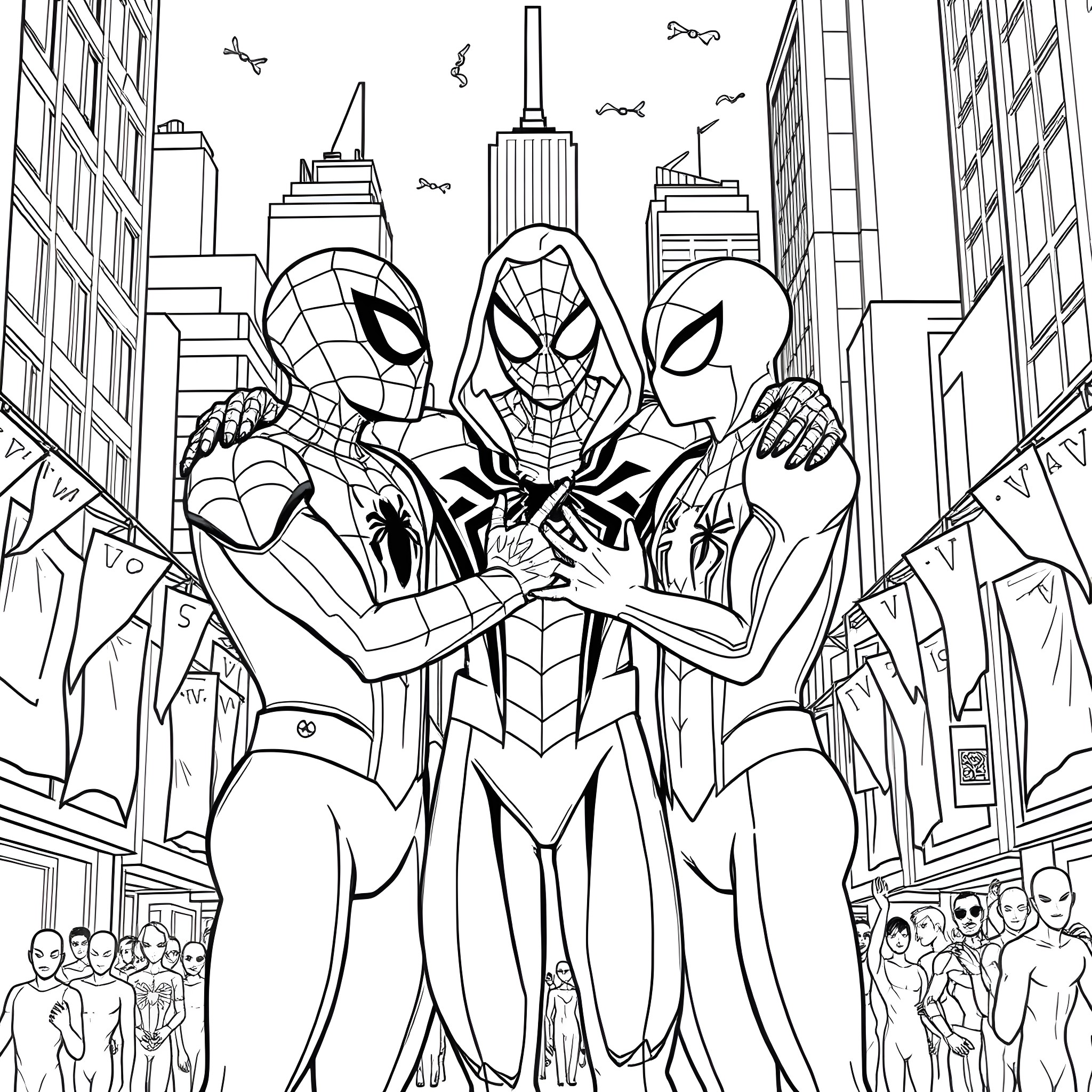 Spider Heroes Teaming Up in the City Coloring Page (free black-and-white line drawing printable PDF for all, from beginners to advanced learners, including children, teens, adults, and seniors)