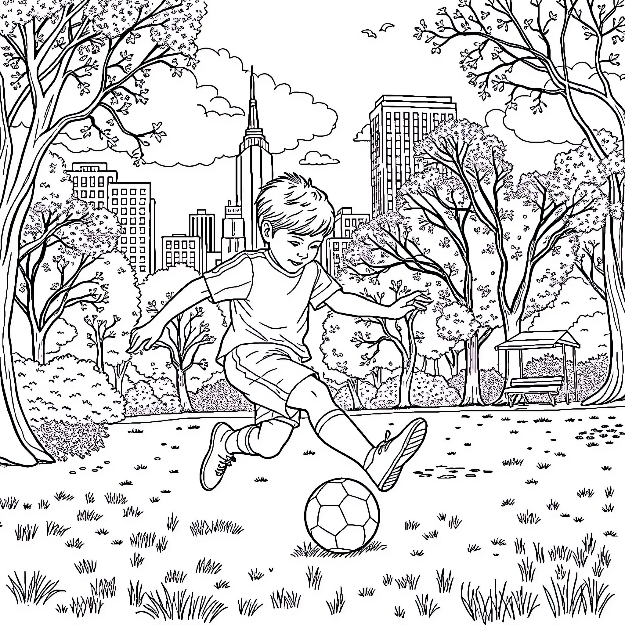Stevie playing joyfully with a soccer ball in the park Coloring Page (free black-and-white line drawing printable PDF for all, from beginners to advanced learners, including children, teens, adults, and seniors)
