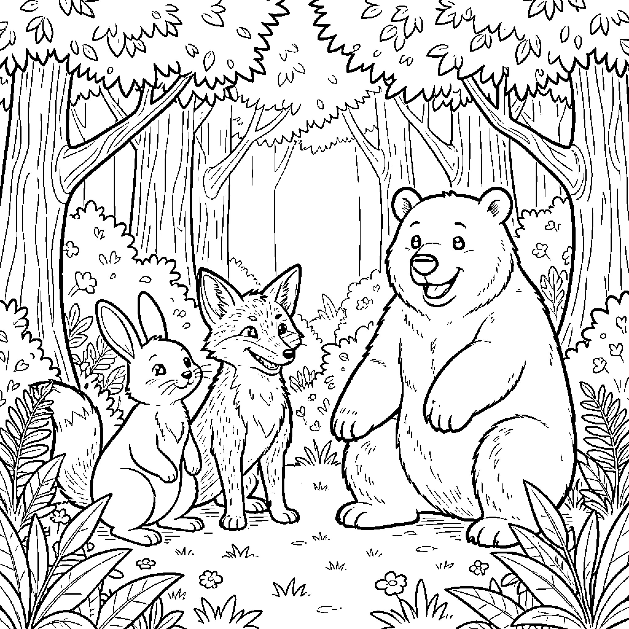 Animal Friends in the Woodland Sanctuary Coloring Page (free black-and-white line drawing printable PDF for all, from beginners to advanced learners, including children, teens, adults, and seniors)