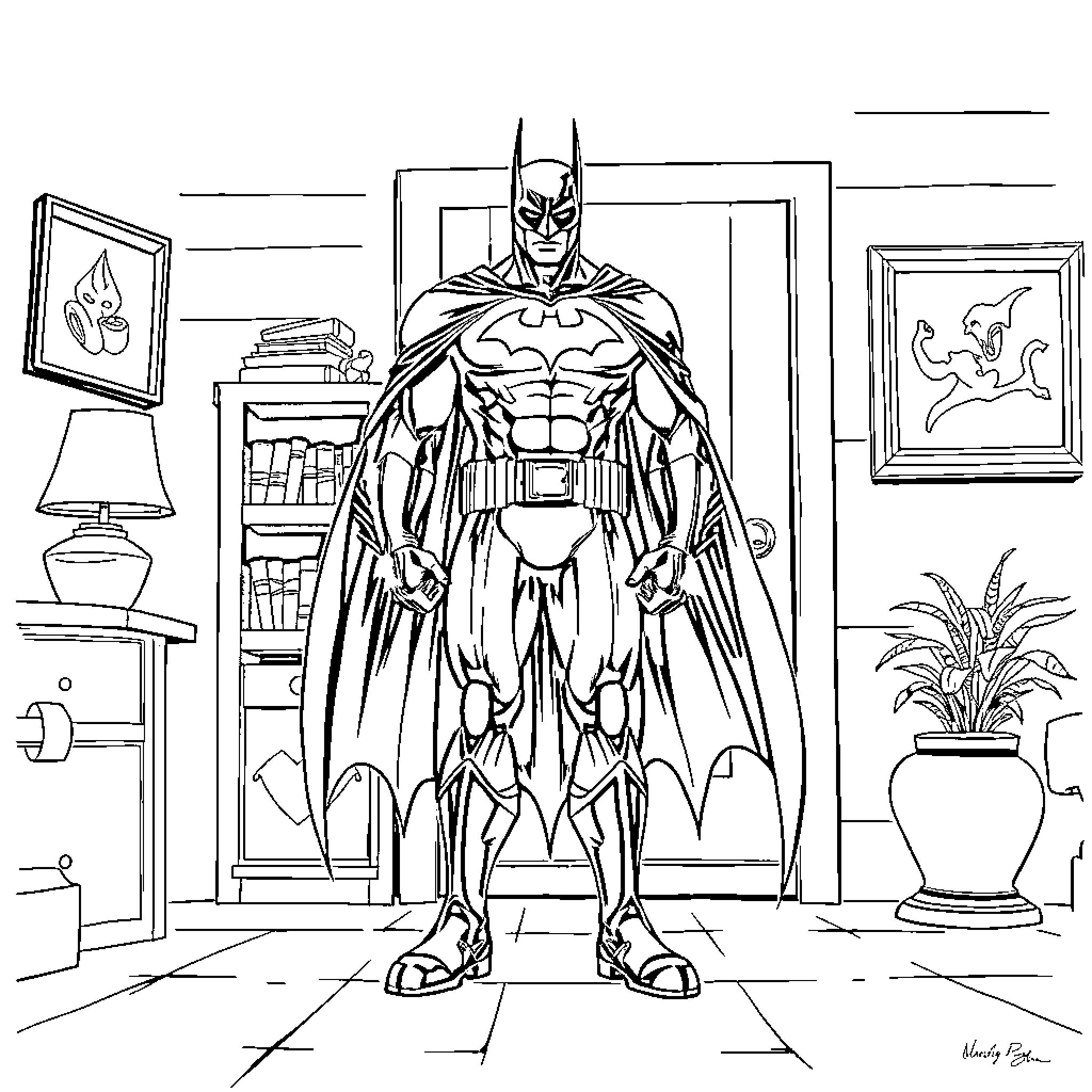 Batman in a detailed superhero pose Coloring Page (free black-and-white line drawing printable PDF for all, from beginners to advanced learners, including children, teens, adults, and seniors)