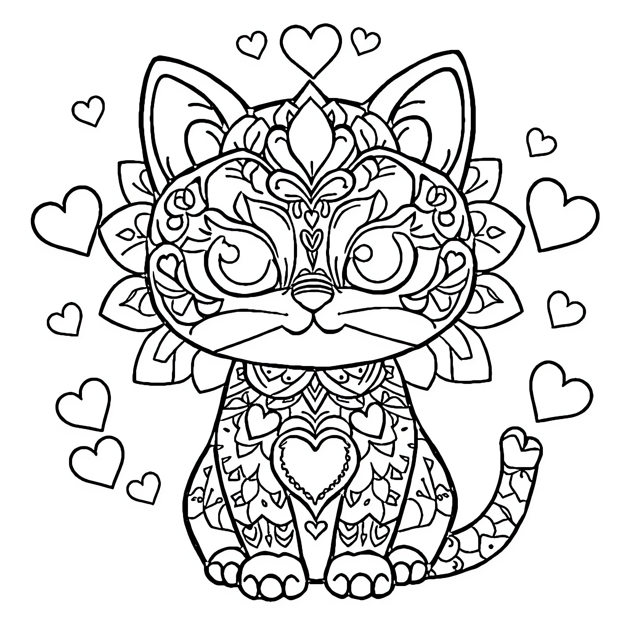Cat surrounded by hearts in a decorative scene Coloring Page (free black-and-white line drawing printable PDF for all, from beginners to advanced learners, including children, teens, adults, and seniors)