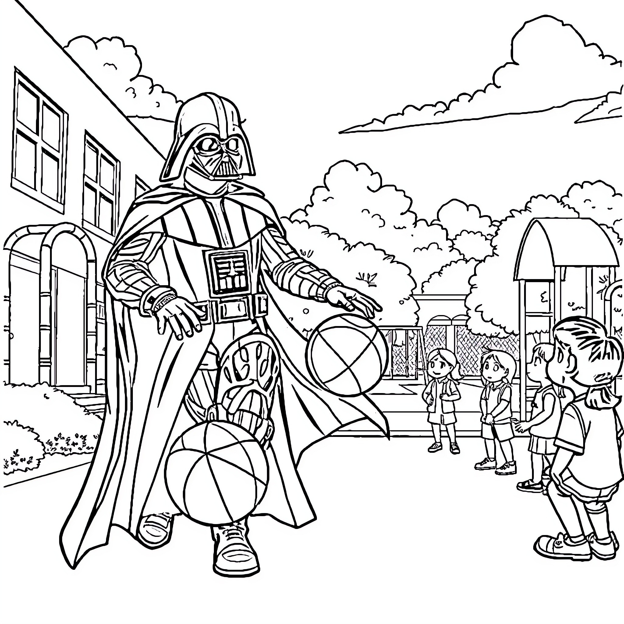 Darth Vader confronts the heroes in the street Coloring Page (free black-and-white line drawing printable PDF for all, from beginners to advanced learners, including children, teens, adults, and seniors)