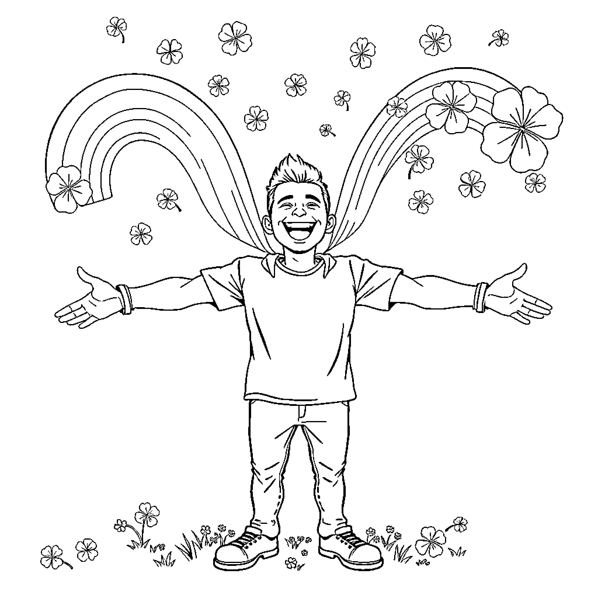 Man joyfully celebrating surrounded by flowers and rainbows Coloring Page (free black-and-white line drawing printable PDF for all, from beginners to advanced learners, including children, teens, adults, and seniors)