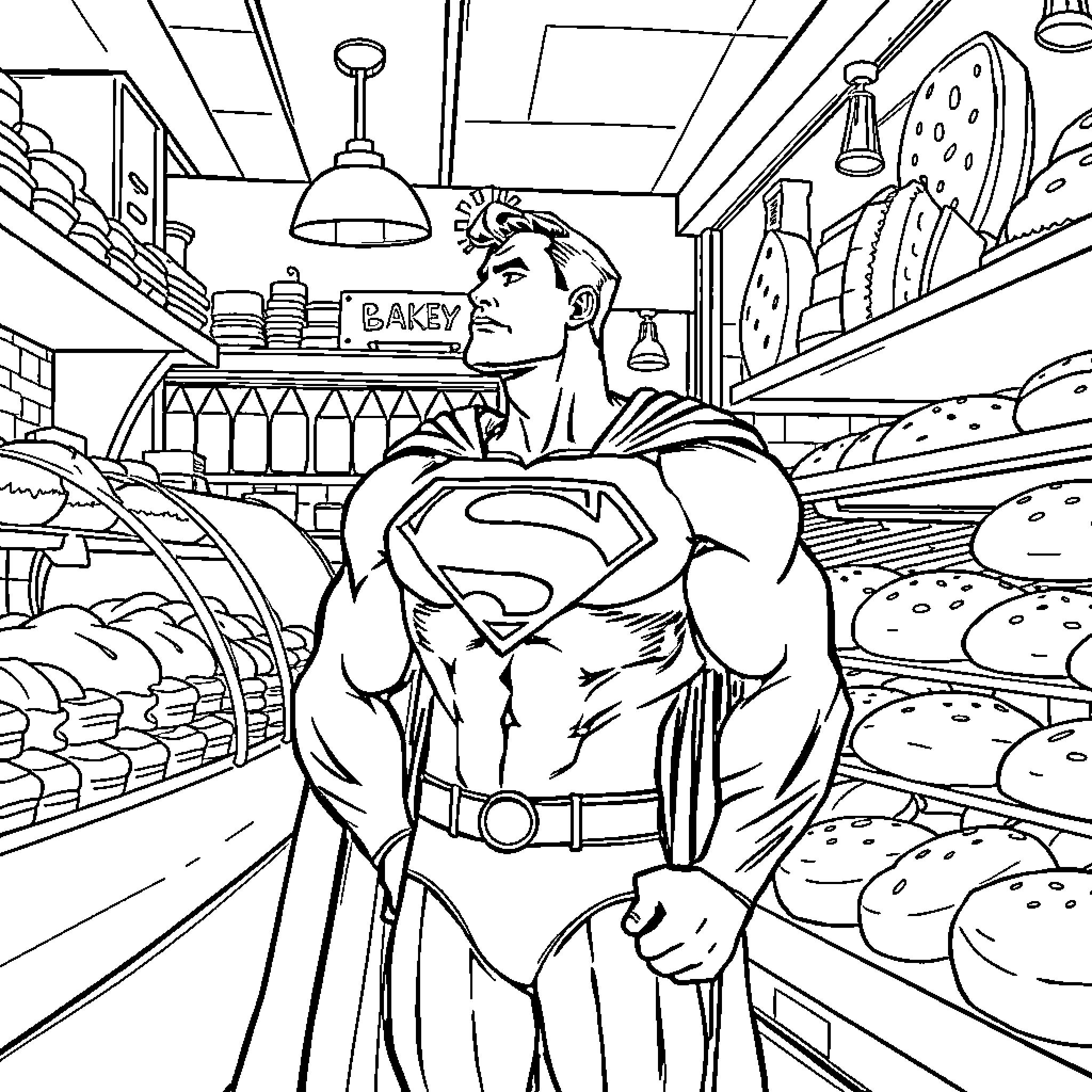Superman standing heroically inside a bakery shop Coloring Page (free black-and-white line drawing printable PDF for all, from beginners to advanced learners, including children, teens, adults, and seniors)