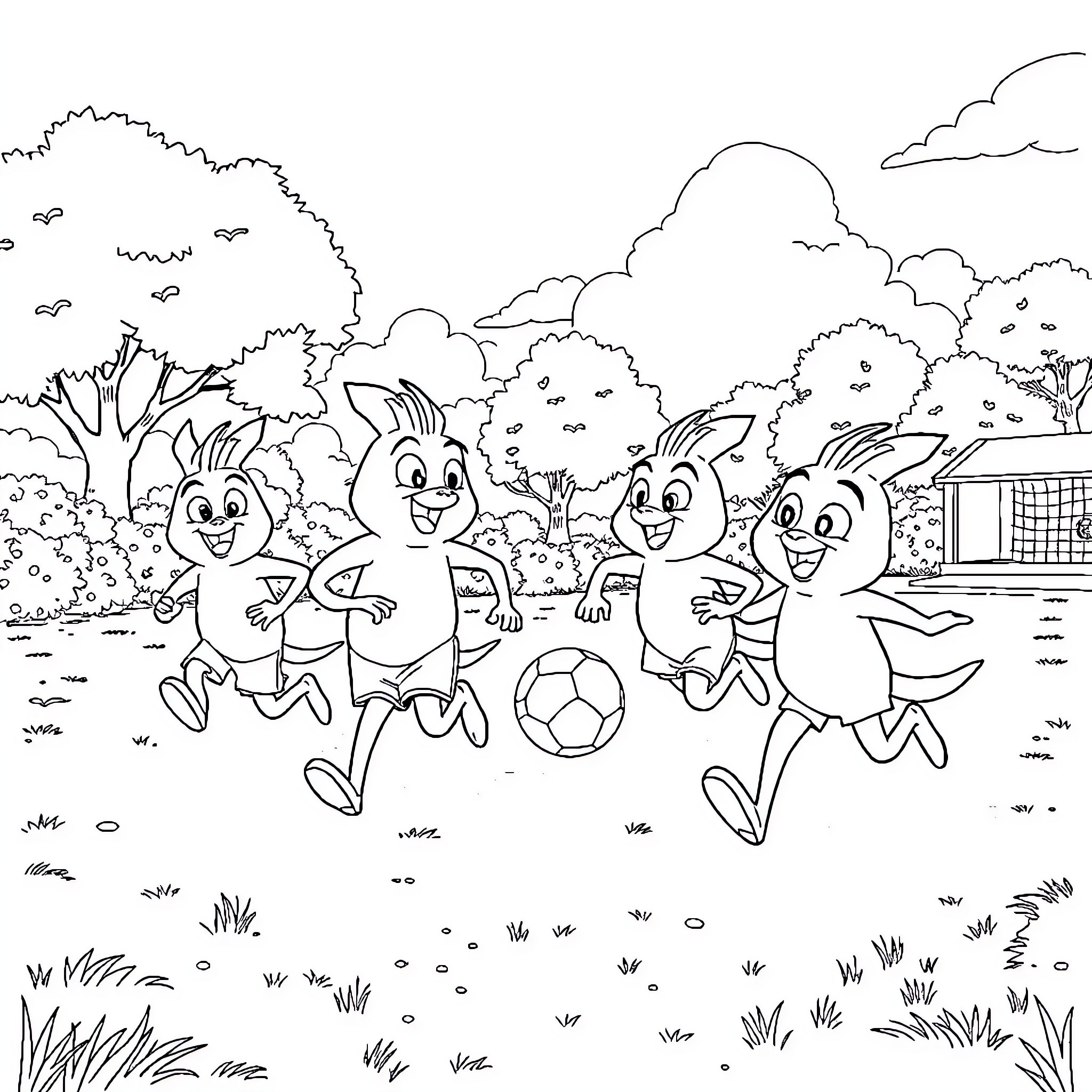 Ajolote creatures playing soccer in the park Coloring Page (free black-and-white line drawing printable PDF for all, from beginners to advanced learners, including children, teens, adults, and seniors)