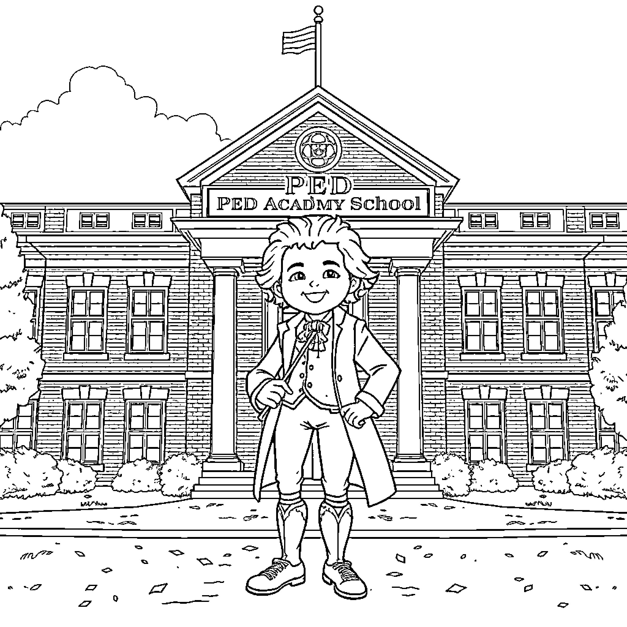 Mozart's Playful Exploration of the PED Academy School Coloring Page (free black-and-white line drawing printable PDF for all, from beginners to advanced learners, including children, teens, adults, and seniors)