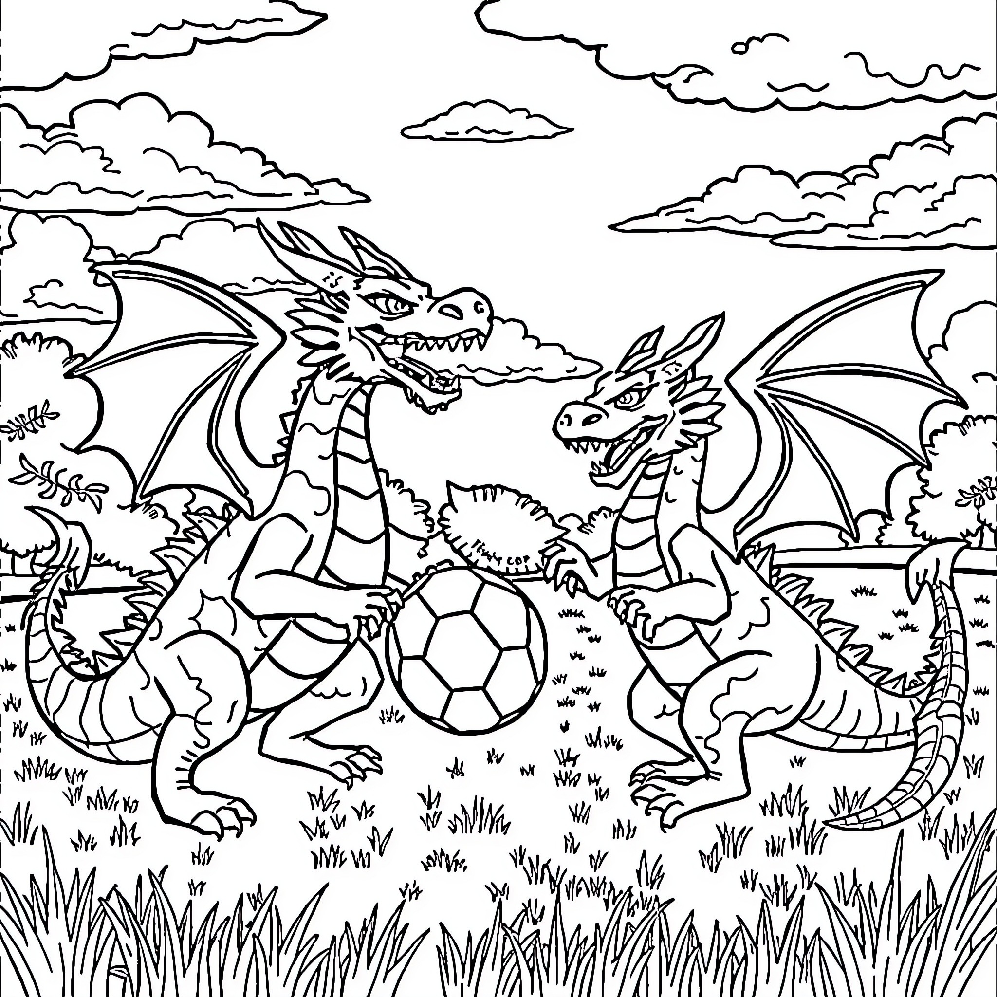 Dragon-like creatures playing with a soccer ball in a grassy field Coloring Page (free black-and-white line drawing printable PDF for all, from beginners to advanced learners, including children, teens, adults, and seniors)