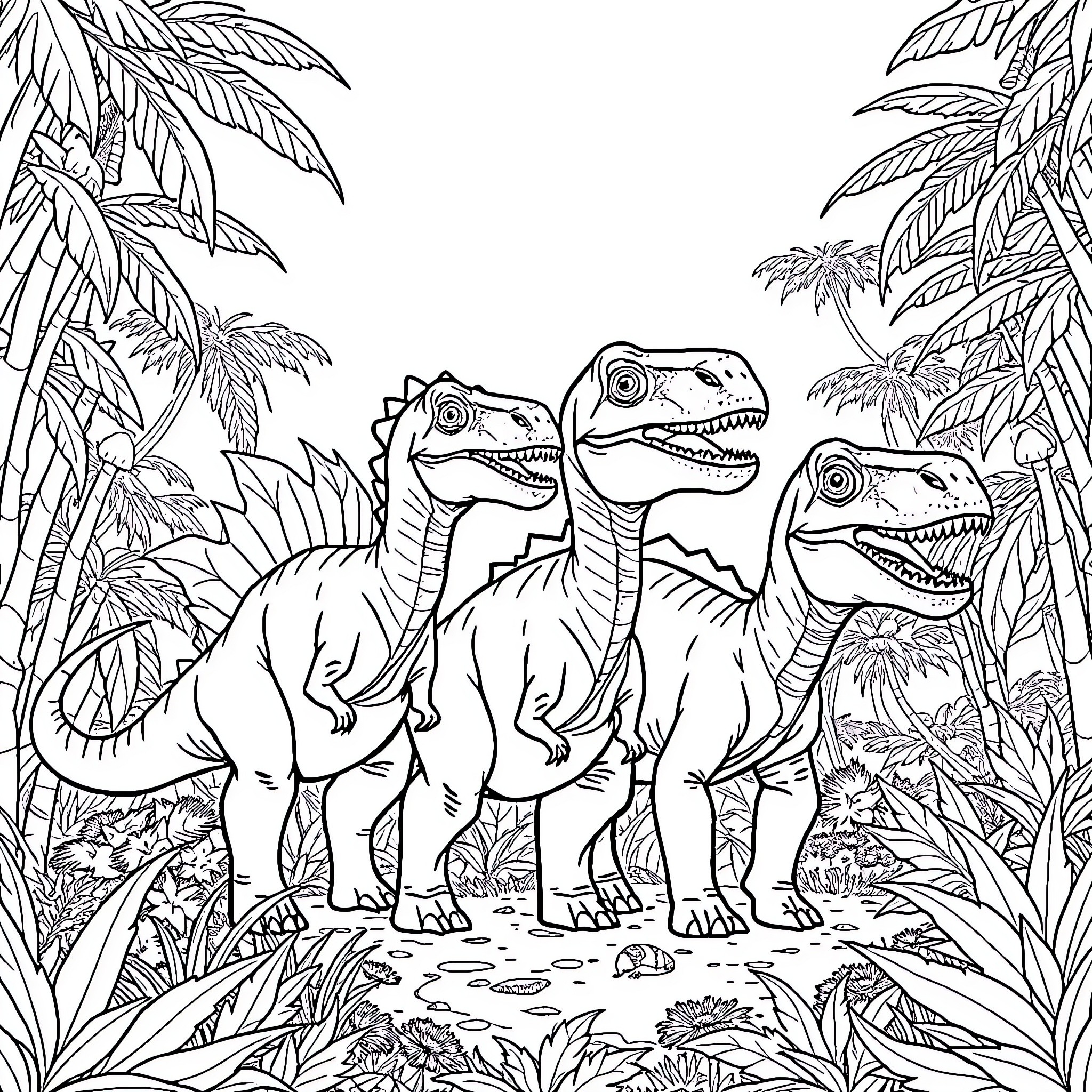 Dinosaurs exploring lush prehistoric landscape Coloring Page (free black-and-white line drawing printable PDF for all, from beginners to advanced learners, including children, teens, adults, and seniors)