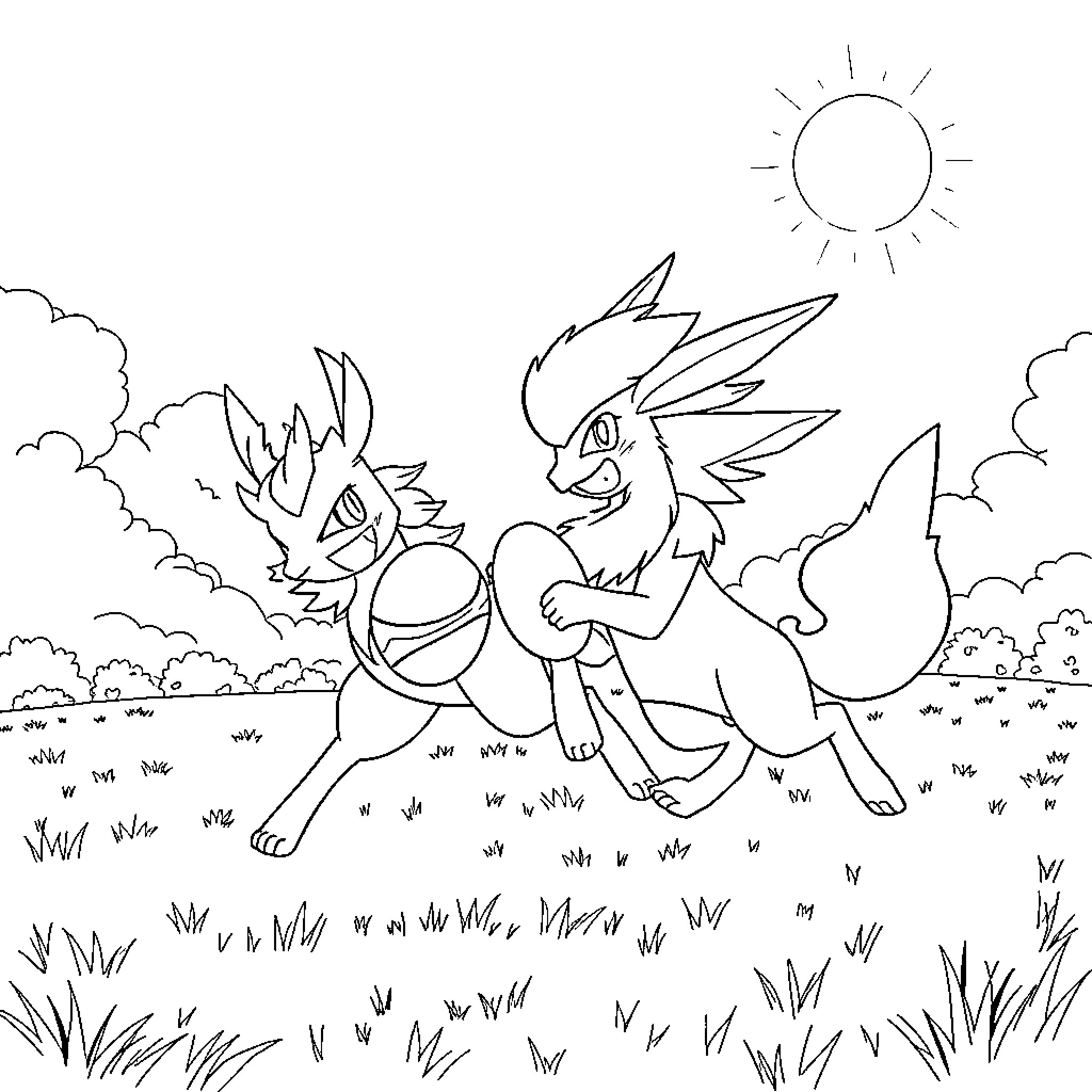 Arceus Legendary Pokemon Frolicking in Nature Coloring Page (free black-and-white line drawing printable PDF for all, from beginners to advanced learners, including children, teens, adults, and seniors)