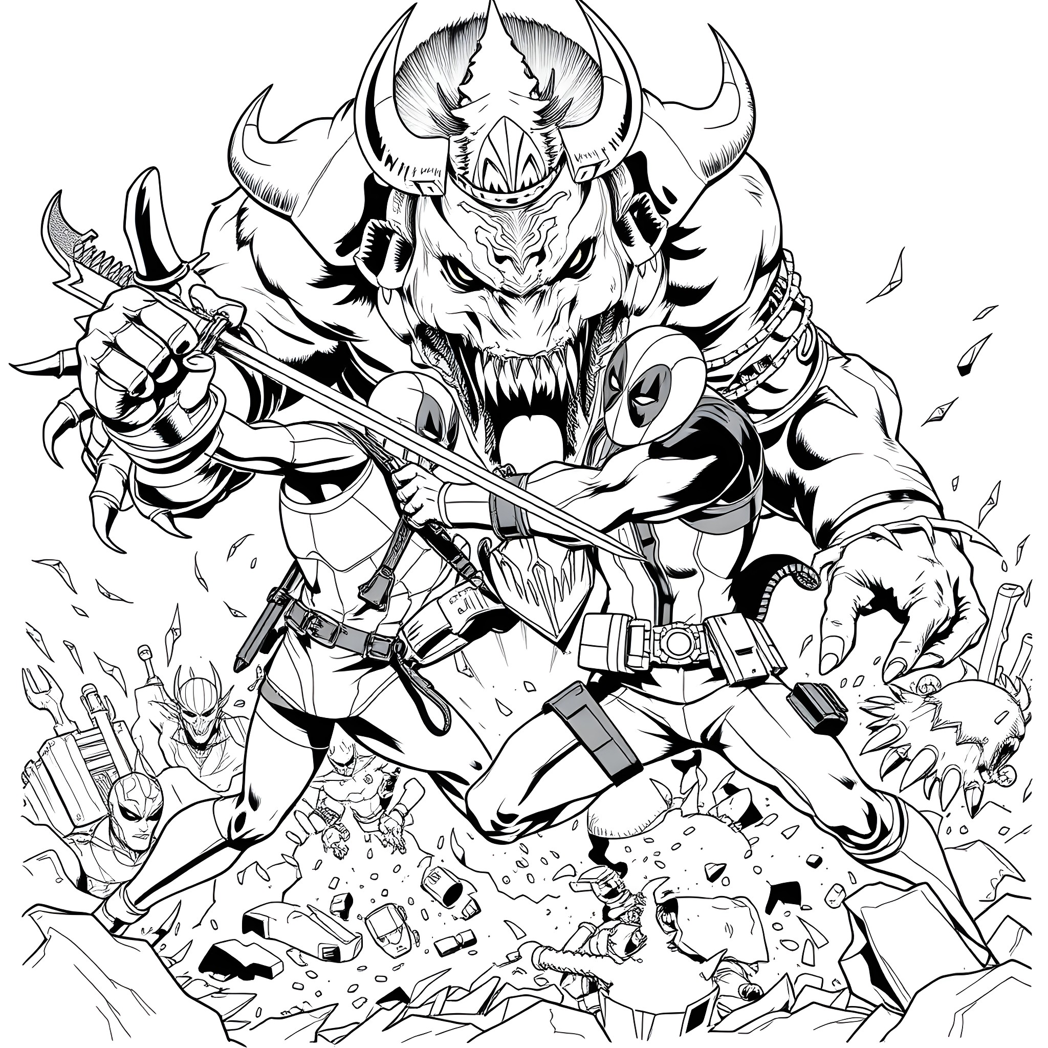 Deadpool facing off against a powerful demonic entity Coloring Page (free black-and-white line drawing printable PDF for all, from beginners to advanced learners, including children, teens, adults, and seniors)