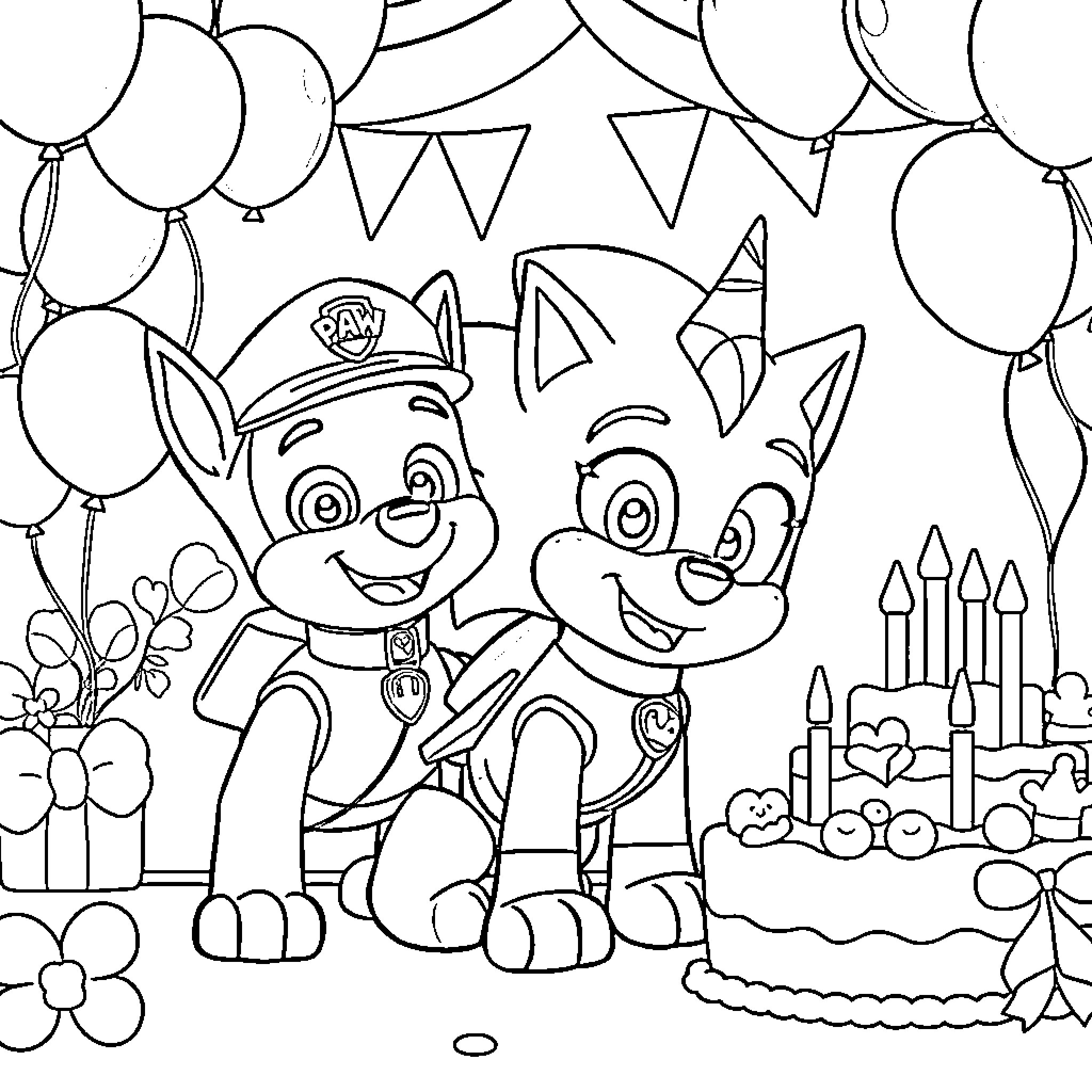 Chase the Puppy's Party Adventure Coloring Page (free black-and-white line drawing printable PDF for all, from beginners to advanced learners, including children, teens, adults, and seniors)