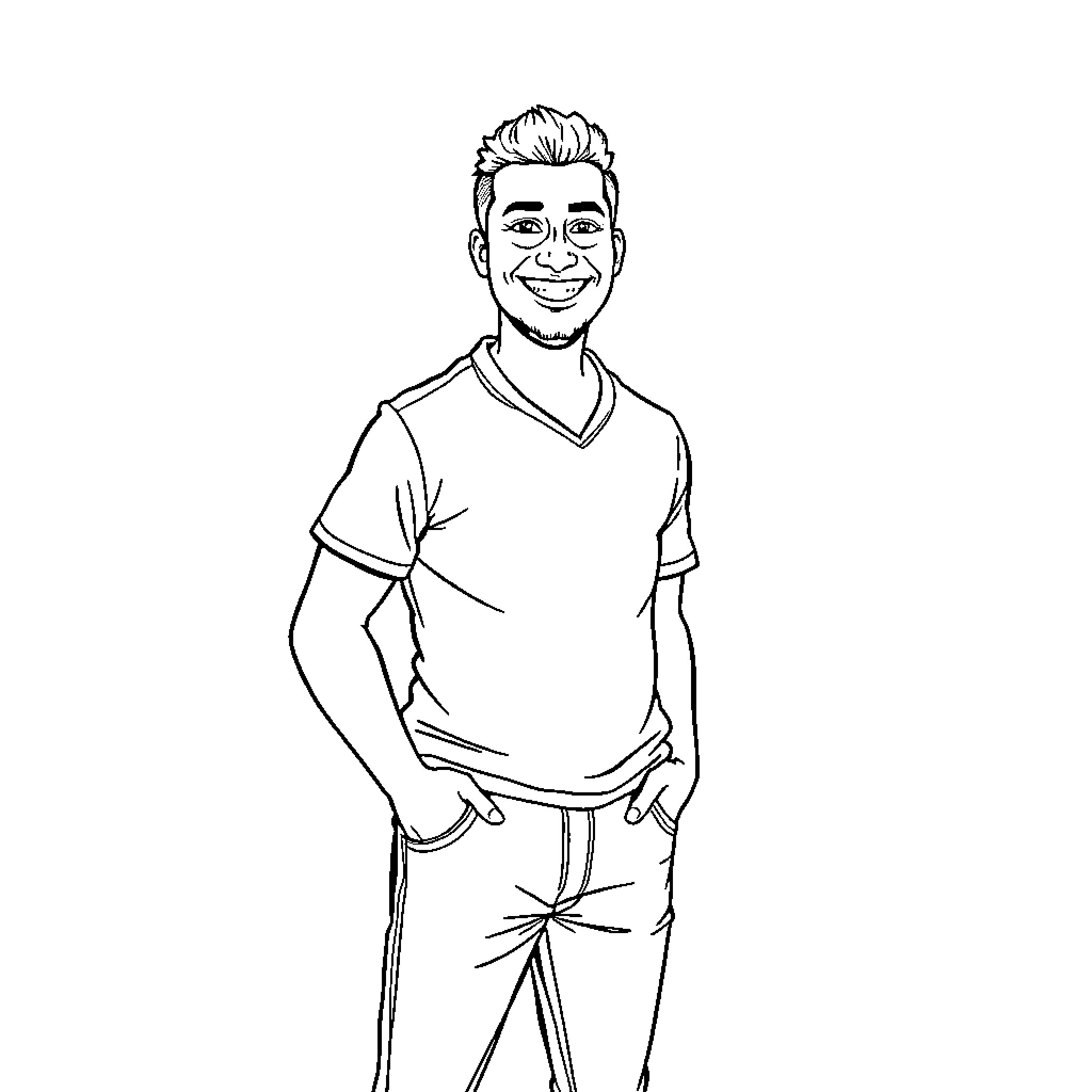 Miguel Cazares Mora - Smiling Man in Casual Outfit Coloring Page (free black-and-white line drawing printable PDF for all, from beginners to advanced learners, including children, teens, adults, and seniors)