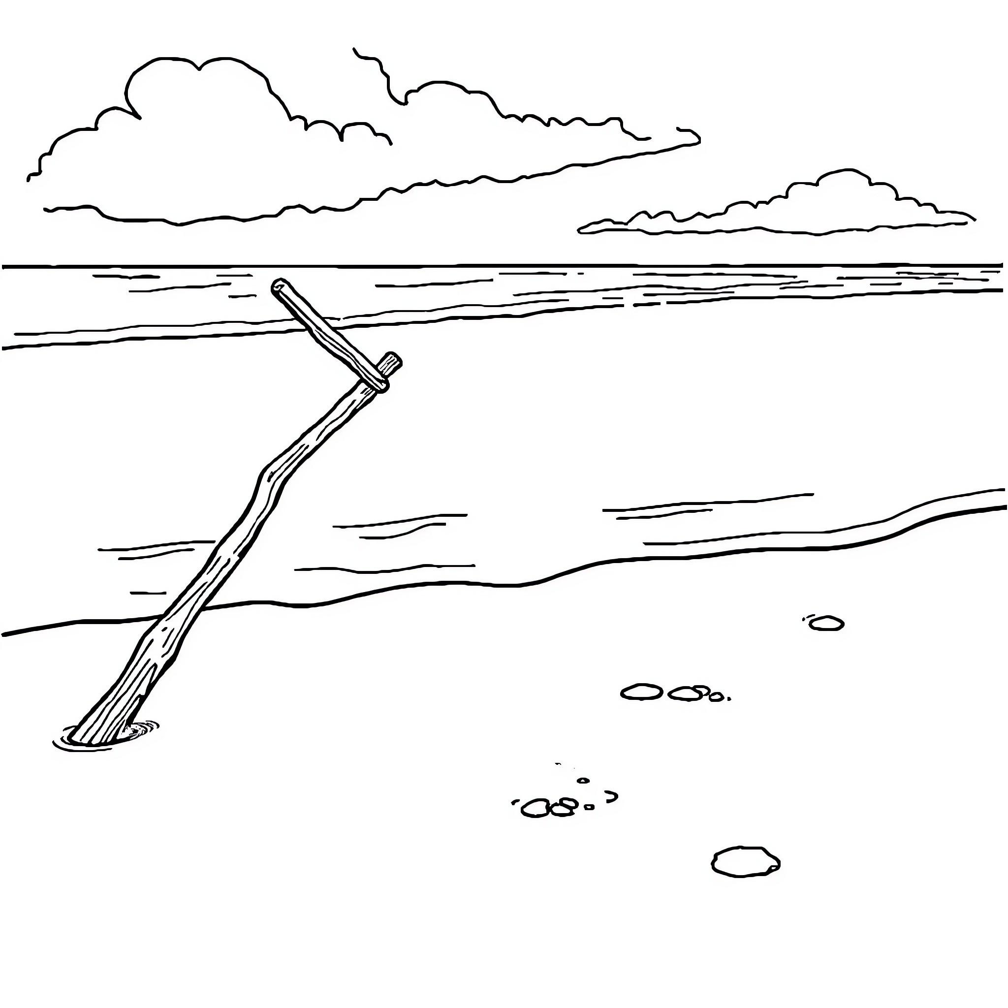 Stick figure on deserted beach landscape Coloring Page (free black-and-white line drawing printable PDF for all, from beginners to advanced learners, including children, teens, adults, and seniors)