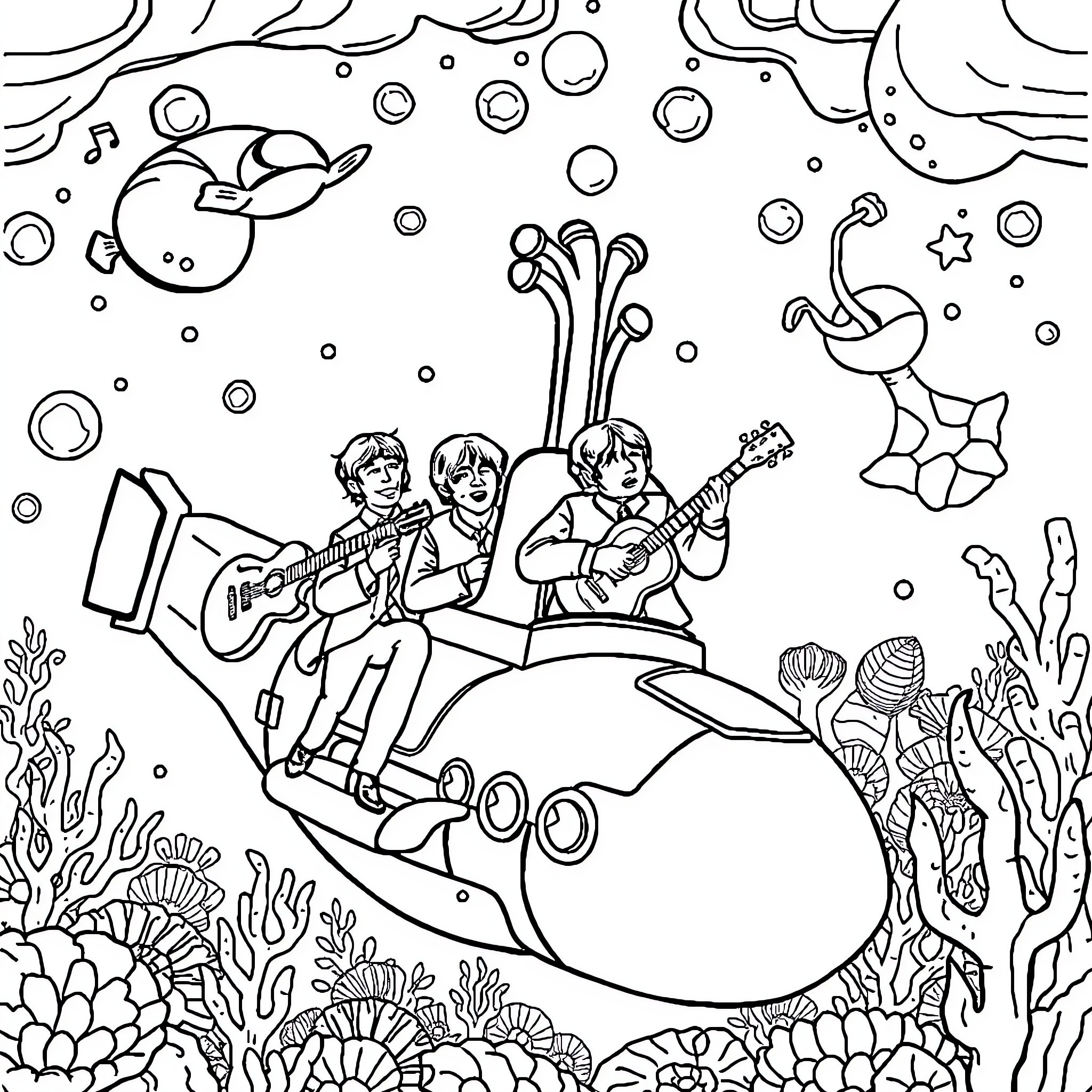 Beatles Exploring the Underwater World Coloring Page (free black-and-white line drawing printable PDF for all, from beginners to advanced learners, including children, teens, adults, and seniors)