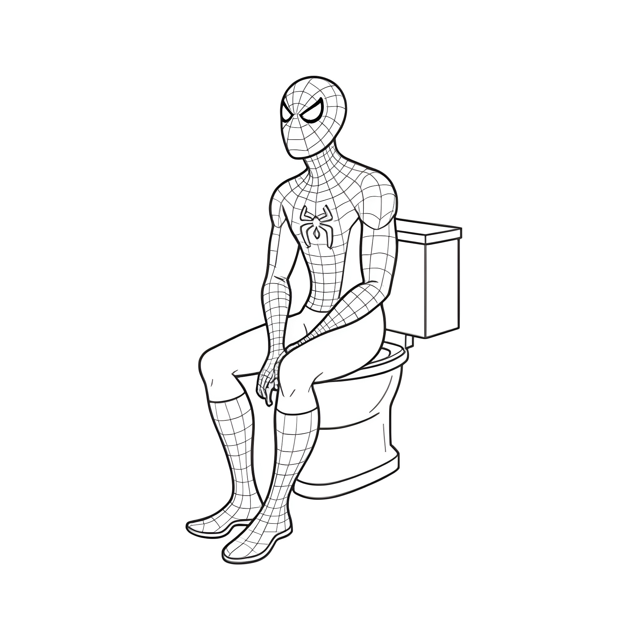 Spiderman sitting on a toilet Coloring Page (free black-and-white line drawing printable PDF for all, from beginners to advanced learners, including children, teens, adults, and seniors)