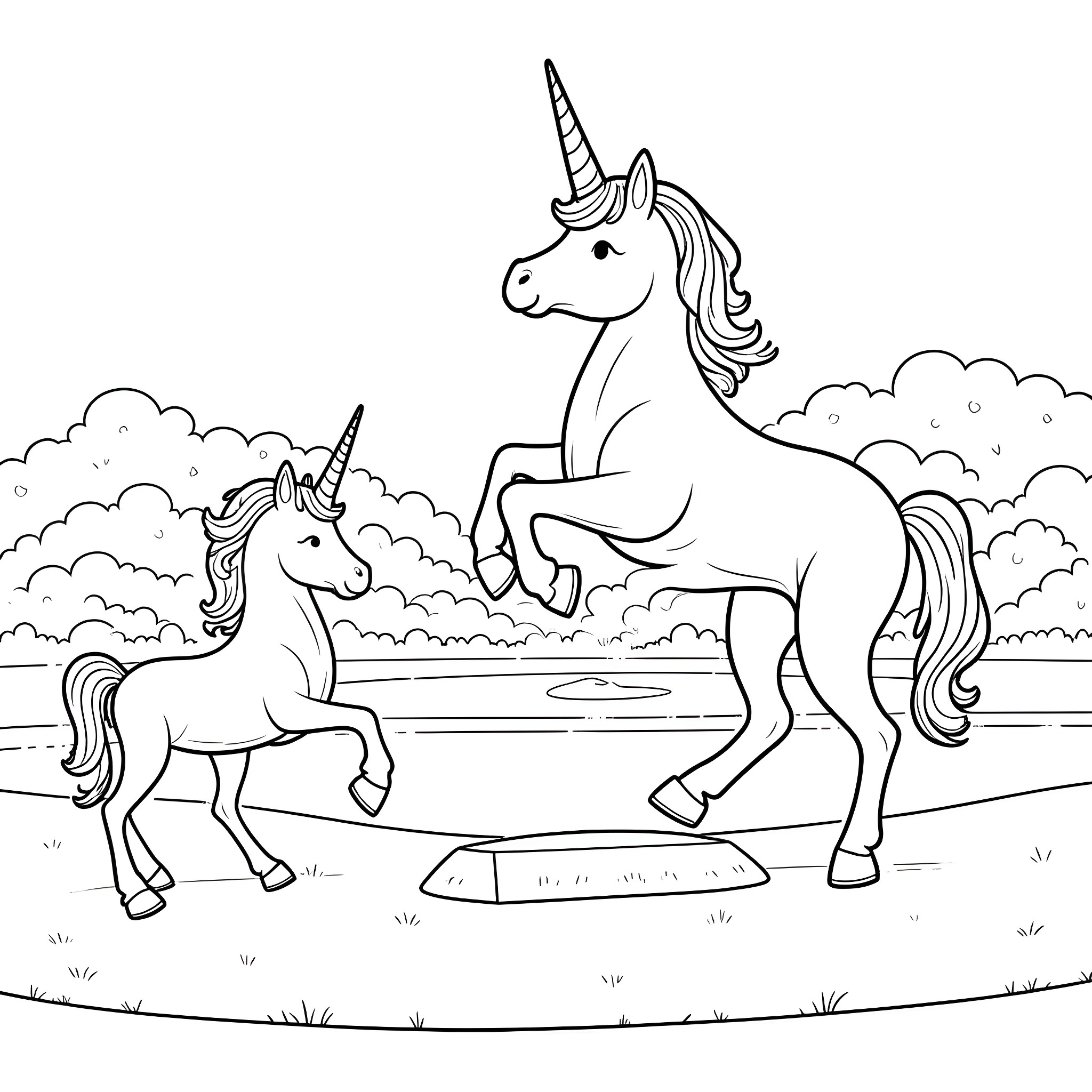 Unicorns frolicking in a magical meadow Coloring Page (free black-and-white line drawing printable PDF for all, from beginners to advanced learners, including children, teens, adults, and seniors)