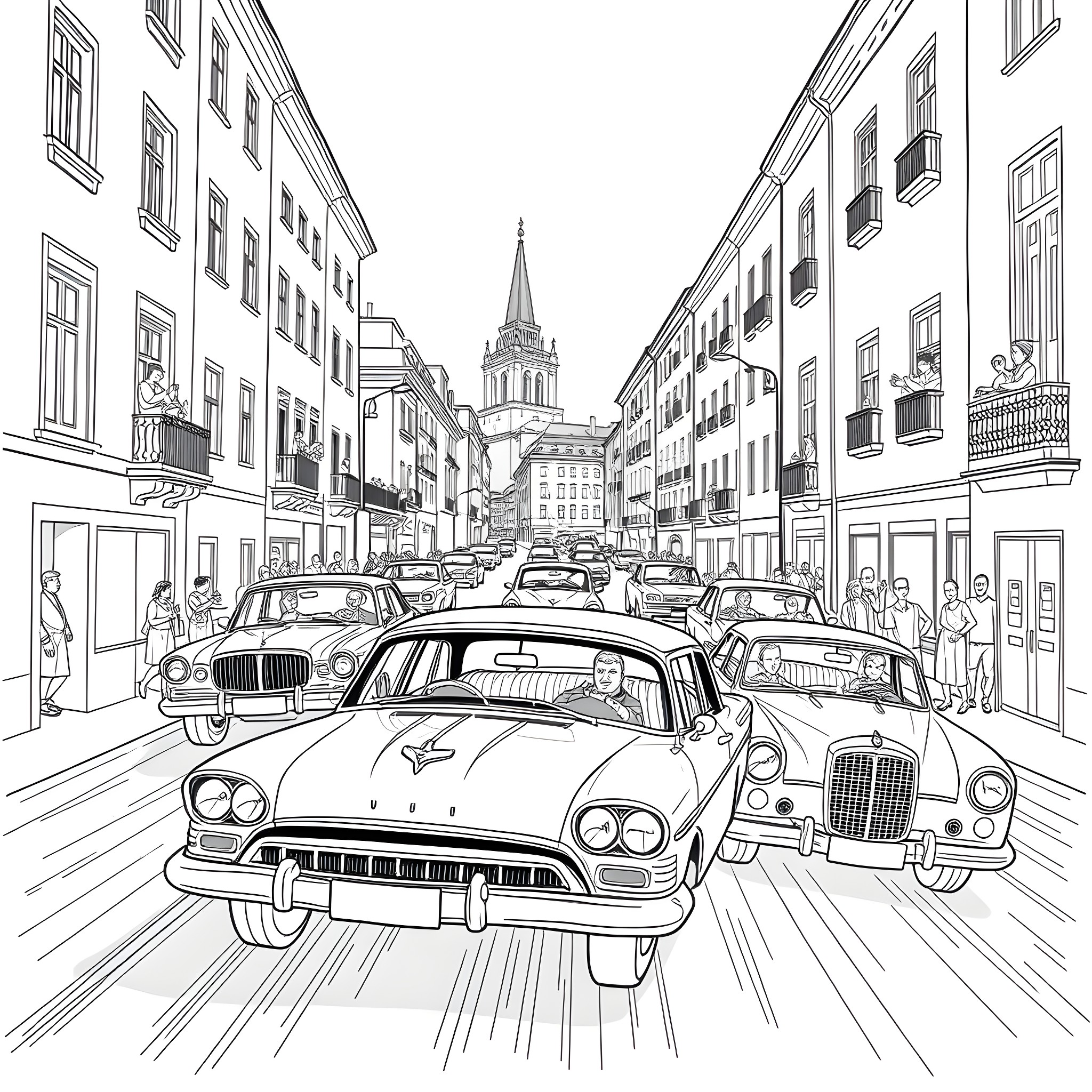 Car traffic in a crowded city street Coloring Page (free black-and-white line drawing printable PDF for all, from beginners to advanced learners, including children, teens, adults, and seniors)