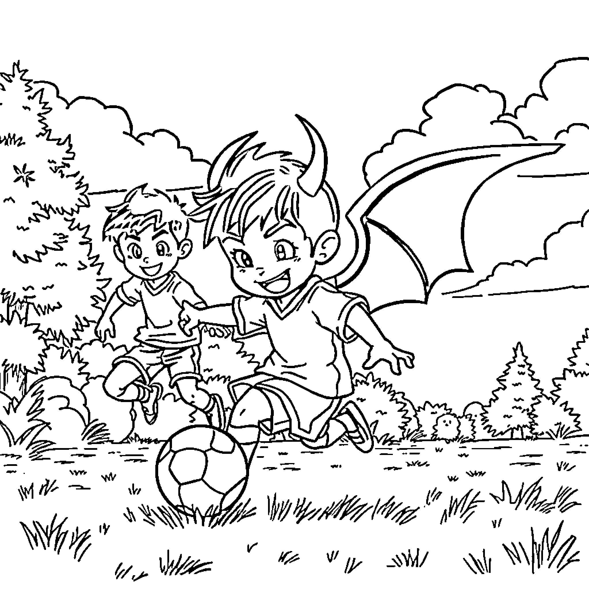 Demon Hunter Kids Playing with Ball in Nature Coloring Page (free black-and-white line drawing printable PDF for all, from beginners to advanced learners, including children, teens, adults, and seniors)