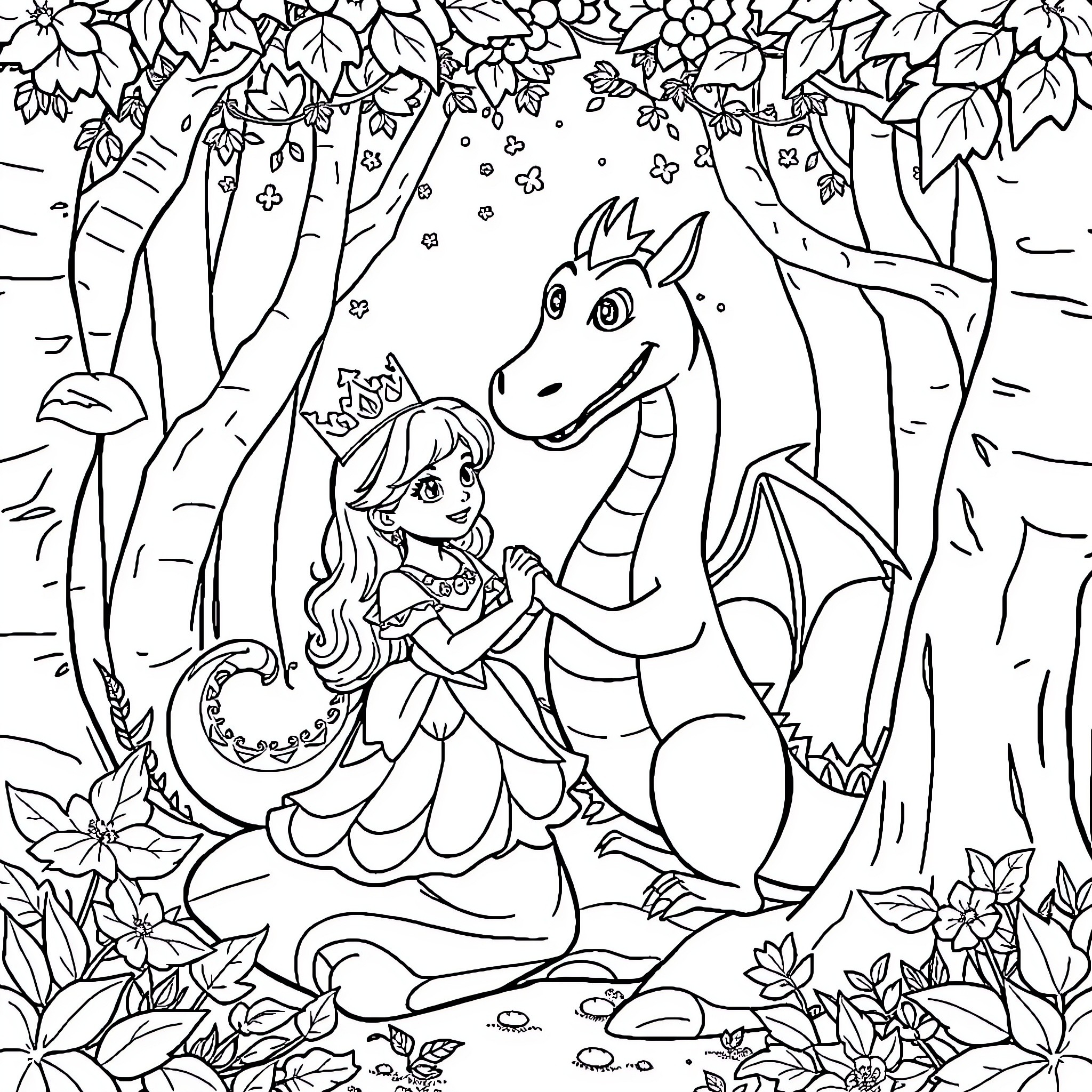 Princess and Friendly Dragon in Enchanted Forest Coloring Page (free black-and-white line drawing printable PDF for all, from beginners to advanced learners, including children, teens, adults, and seniors)