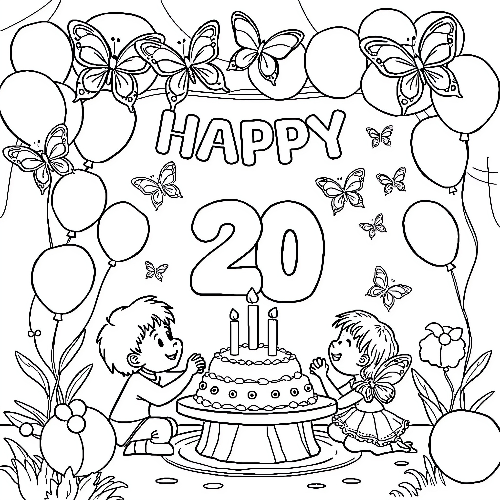 Butterfly Happy 20th Birthday Celebration Coloring Page (free black-and-white line drawing printable PDF for all, from beginners to advanced learners, including children, teens, adults, and seniors)