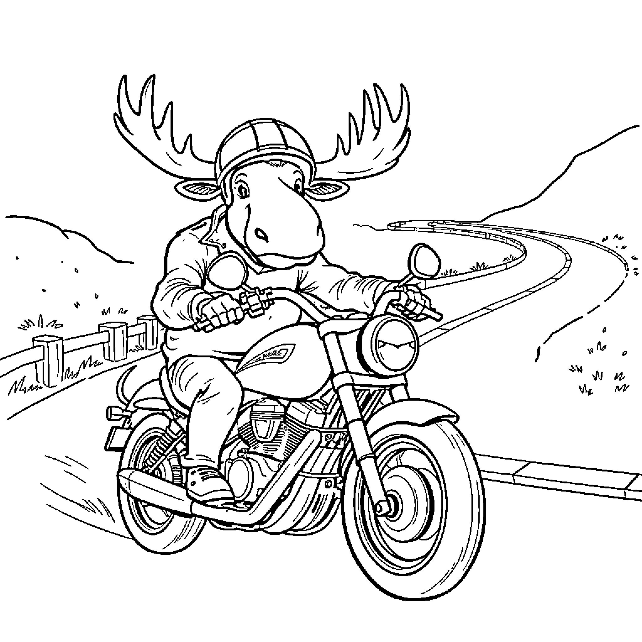 Moose riding motorcycle on country road Coloring Page (free black-and-white line drawing printable PDF for all, from beginners to advanced learners, including children, teens, adults, and seniors)
