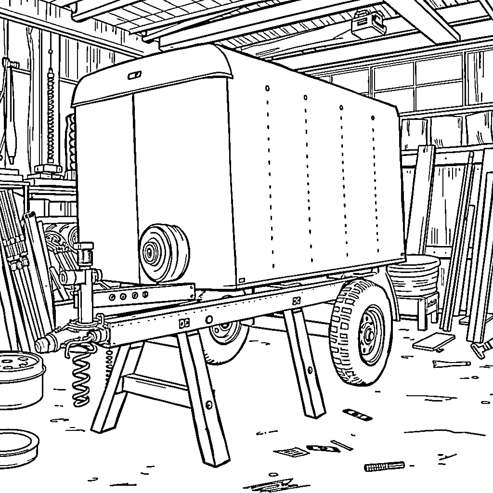 Trailer for a Construction Site Equipment Coloring Page (free black-and-white line drawing printable PDF for all, from beginners to advanced learners, including children, teens, adults, and seniors)