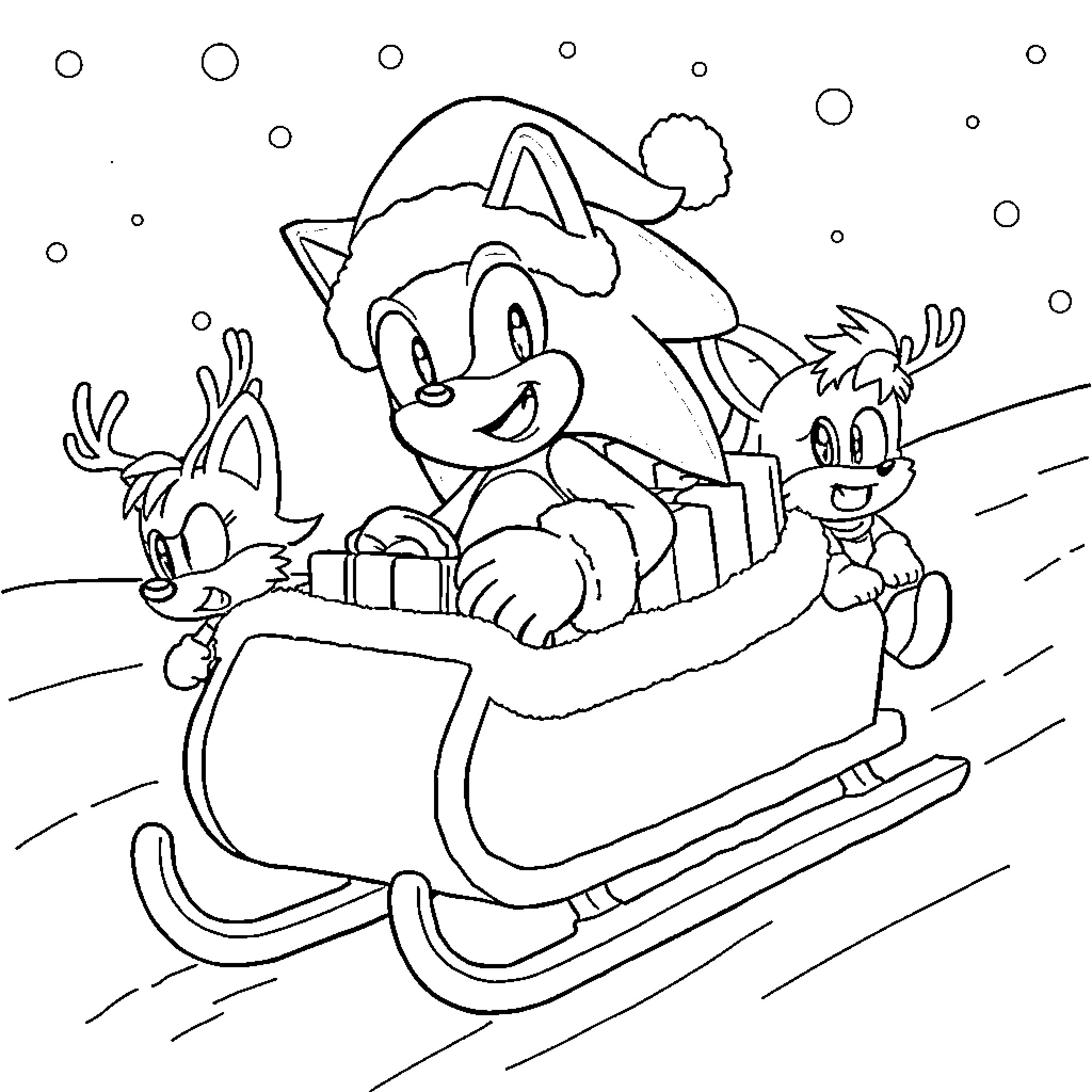 Sonic's Snowy Sleigh Ride with Friends Coloring Page (free black-and-white line drawing printable PDF for all, from beginners to advanced learners, including children, teens, adults, and seniors)