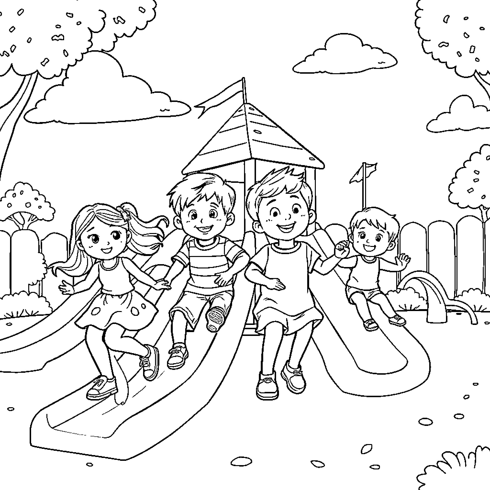 Children playing joyfully on playground equipment Coloring Page (free black-and-white line drawing printable PDF for all, from beginners to advanced learners, including children, teens, adults, and seniors)