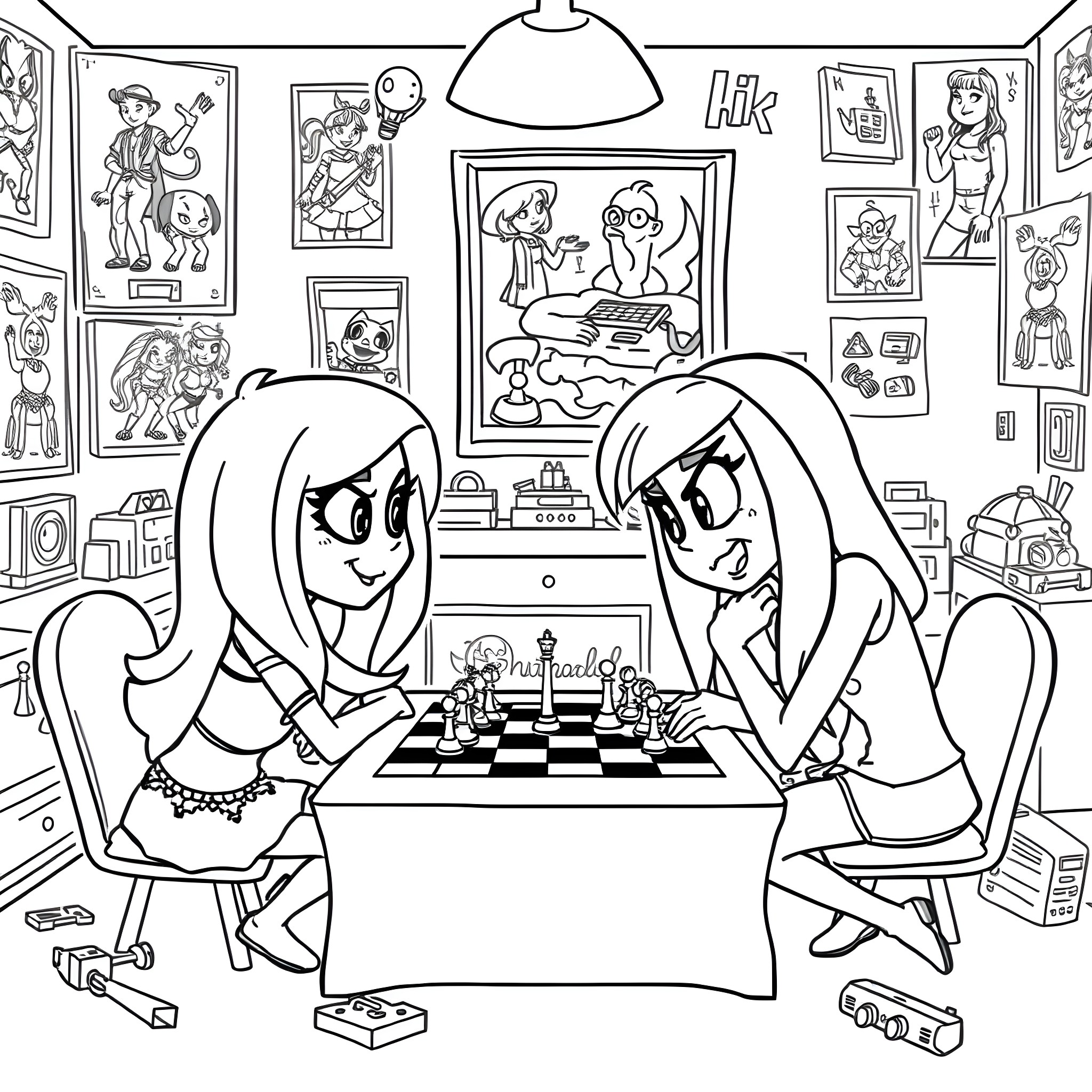 Kim Possible characters playing chess in a room Coloring Page (free black-and-white line drawing printable PDF for all, from beginners to advanced learners, including children, teens, adults, and seniors)