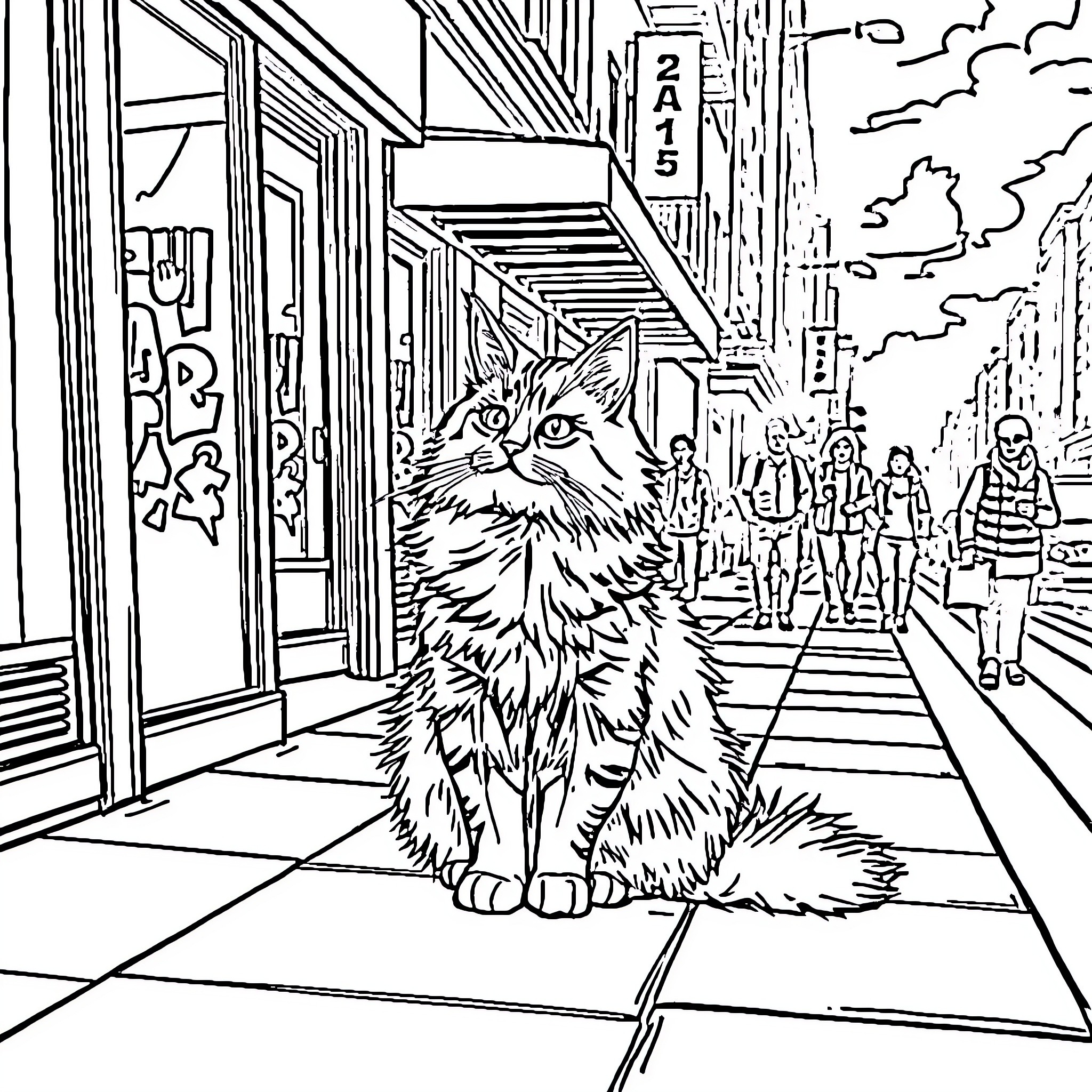 Cat sitting calmly on city street Coloring Page (free black-and-white line drawing printable PDF for all, from beginners to advanced learners, including children, teens, adults, and seniors)