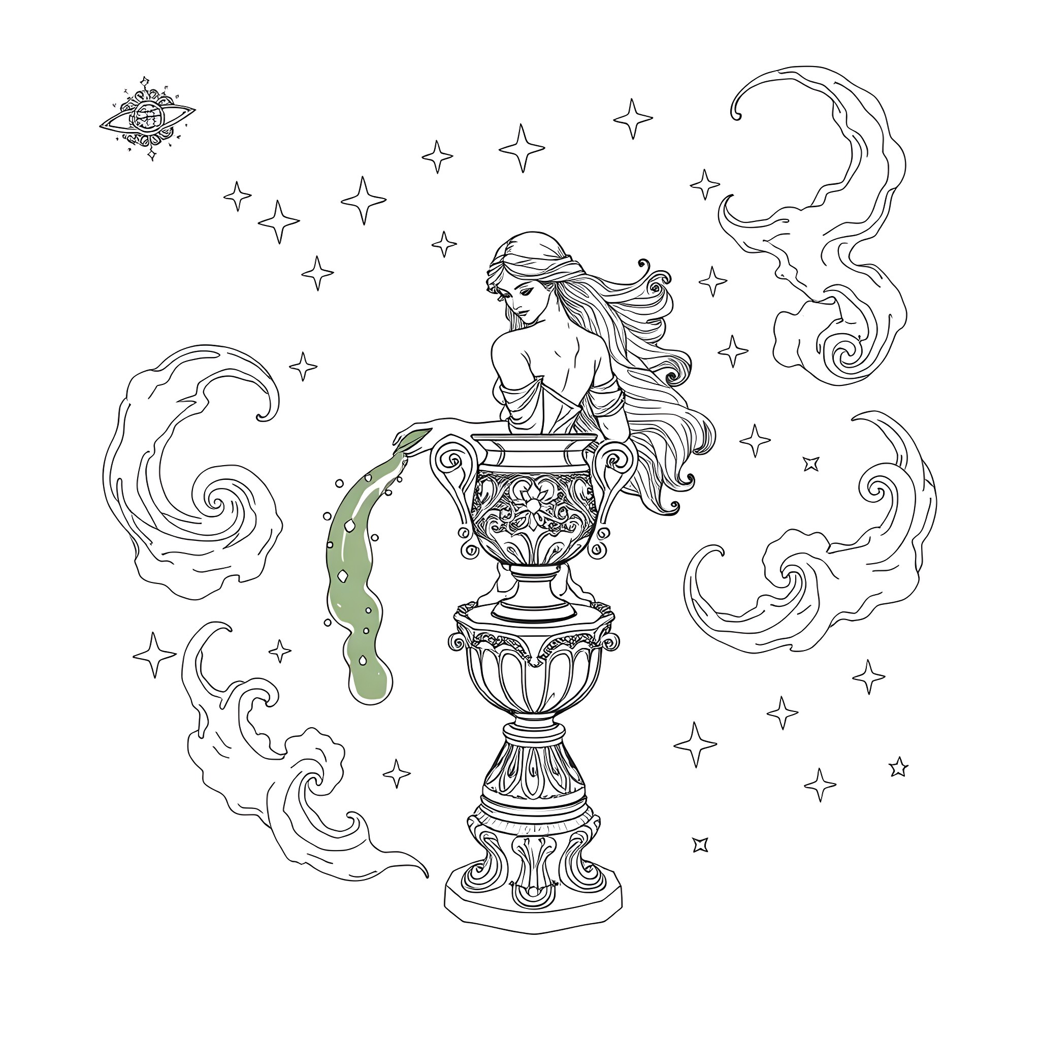 Aquarius: Mystical Mermaid in Celestial Dream Coloring Page (free black-and-white line drawing printable PDF for all, from beginners to advanced learners, including children, teens, adults, and seniors)