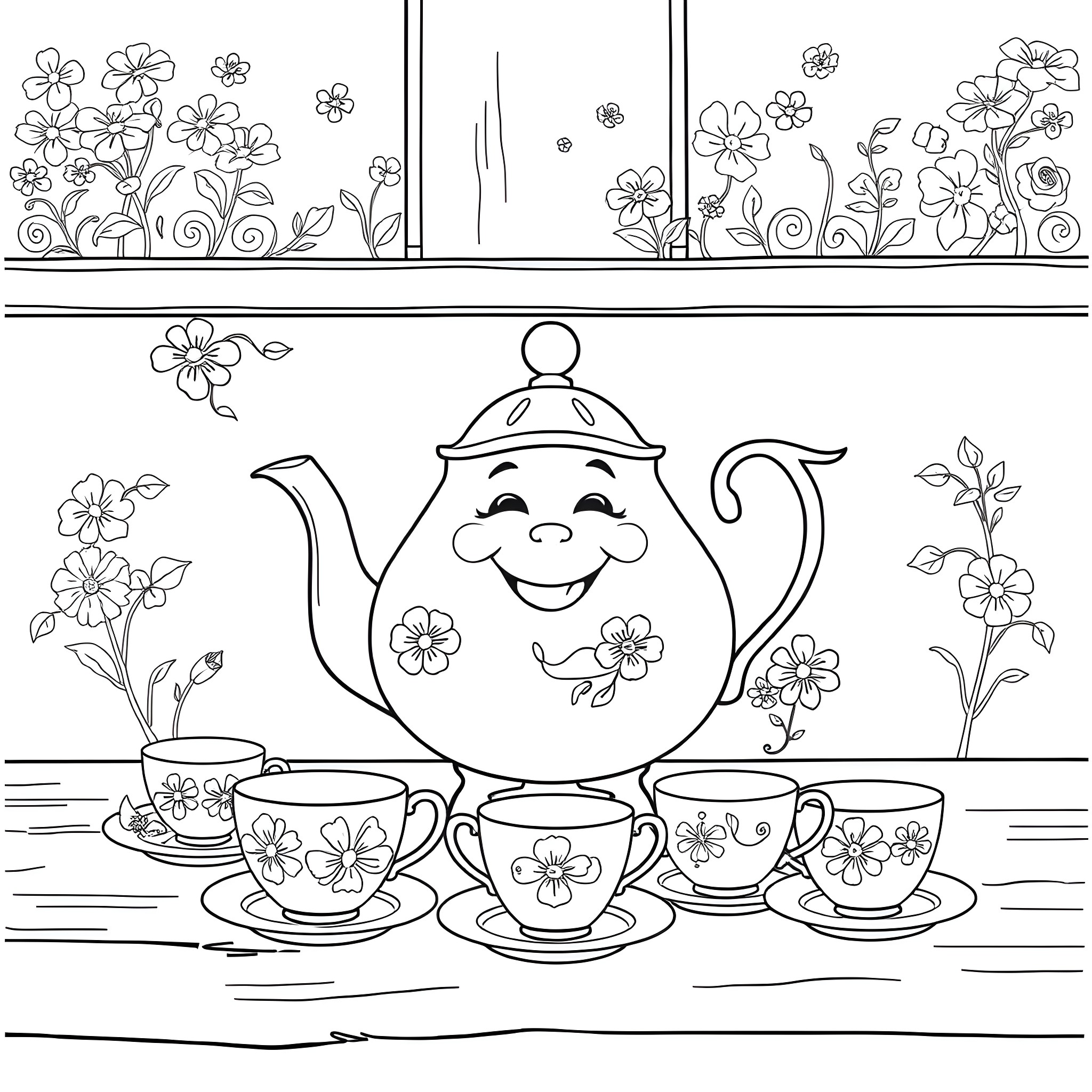 Mrs Potts having a joyful tea party with flowers Coloring Page (free black-and-white line drawing printable PDF for all, from beginners to advanced learners, including children, teens, adults, and seniors)