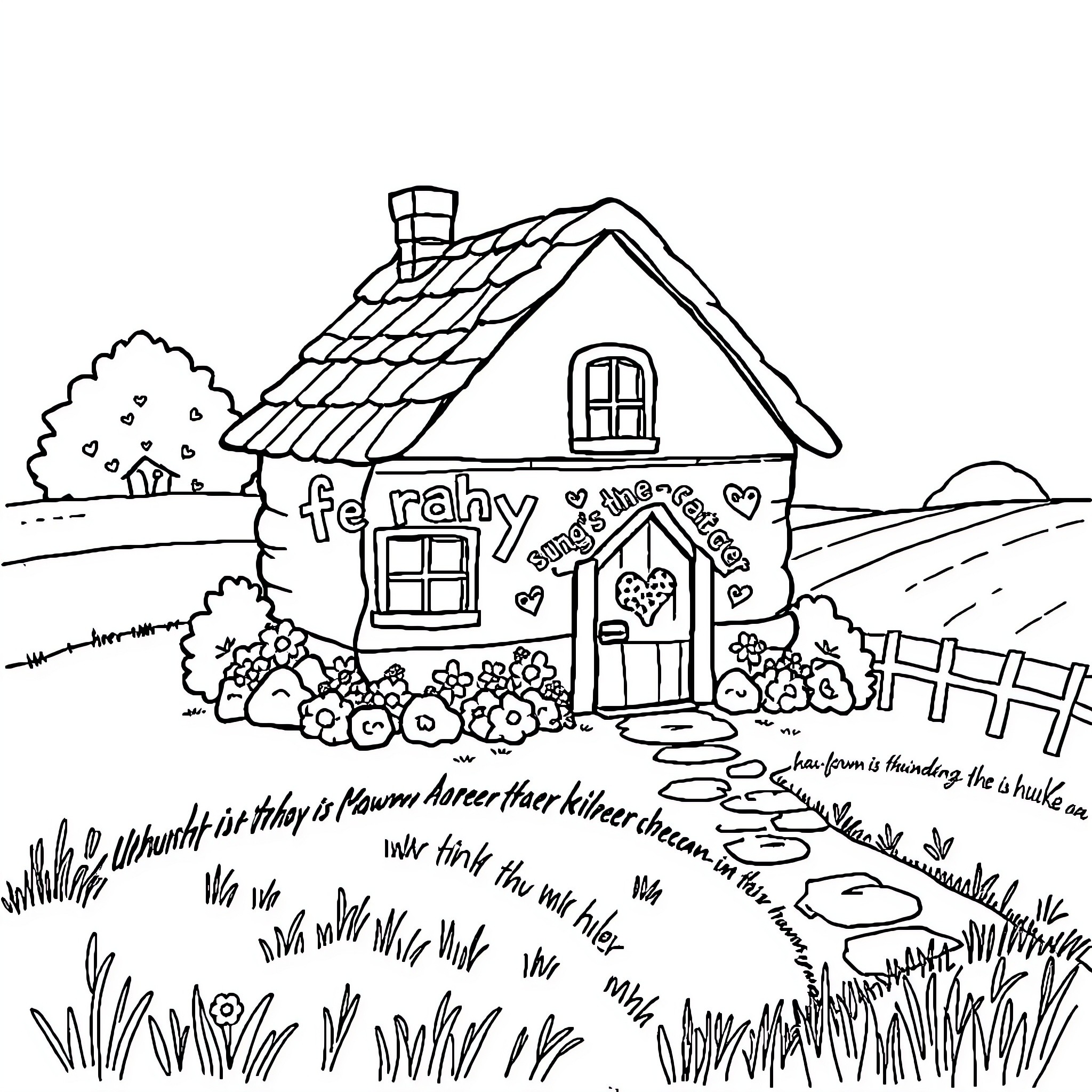 Cottage with Decorative Exterior in Countryside Setting Coloring Page (free black-and-white line drawing printable PDF for all, from beginners to advanced learners, including children, teens, adults, and seniors)