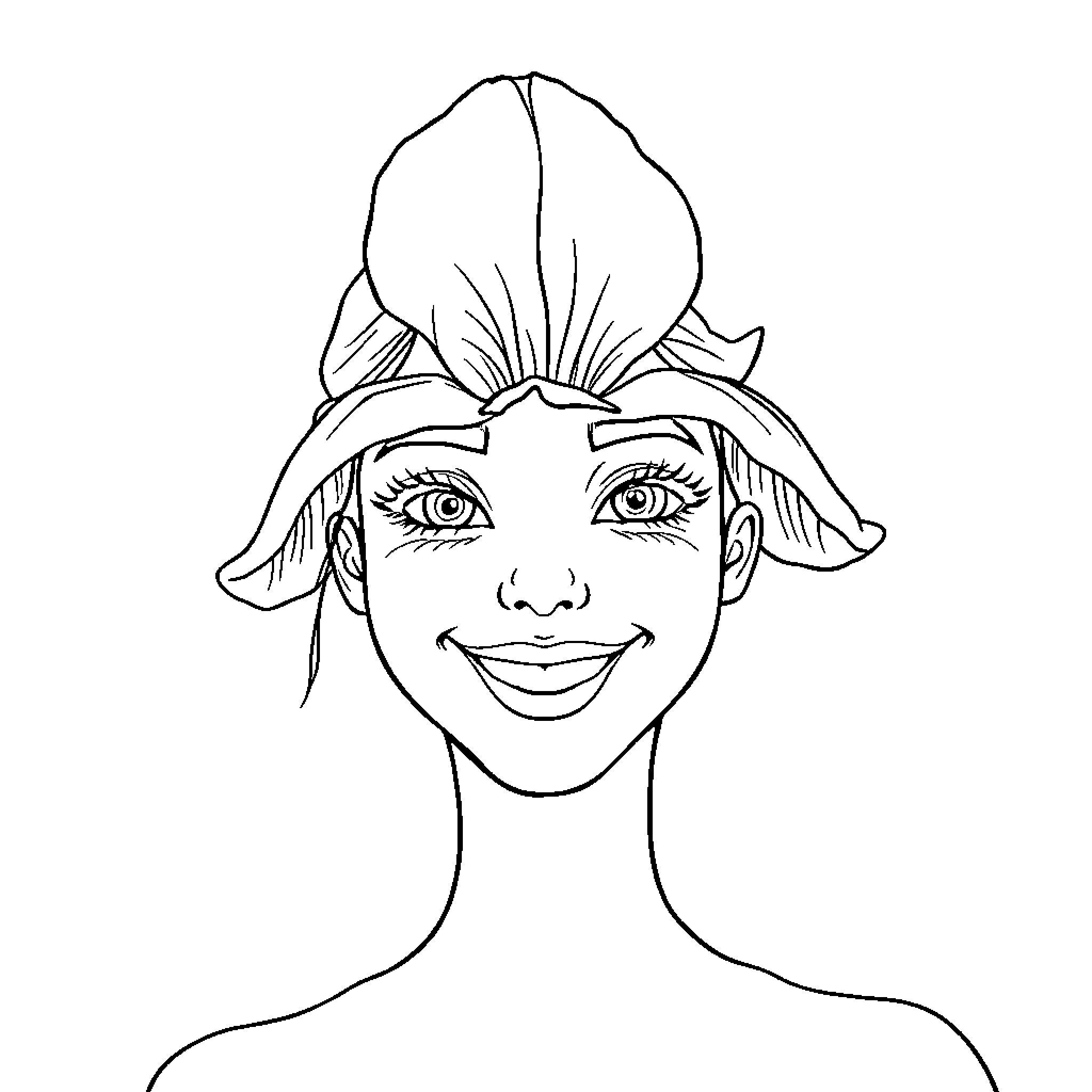 Iris depicted with whimsical headpiece Coloring Page (free black-and-white line drawing printable PDF for all, from beginners to advanced learners, including children, teens, adults, and seniors)