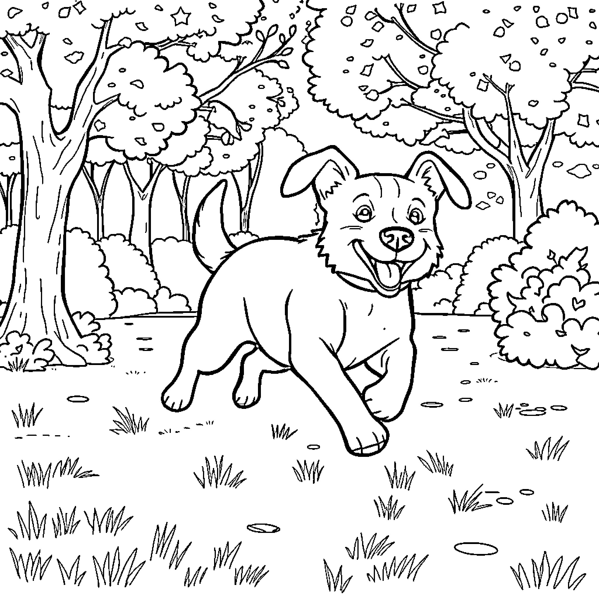 Dog playing happily in the forest Coloring Page (free black-and-white line drawing printable PDF for all, from beginners to advanced learners, including children, teens, adults, and seniors)