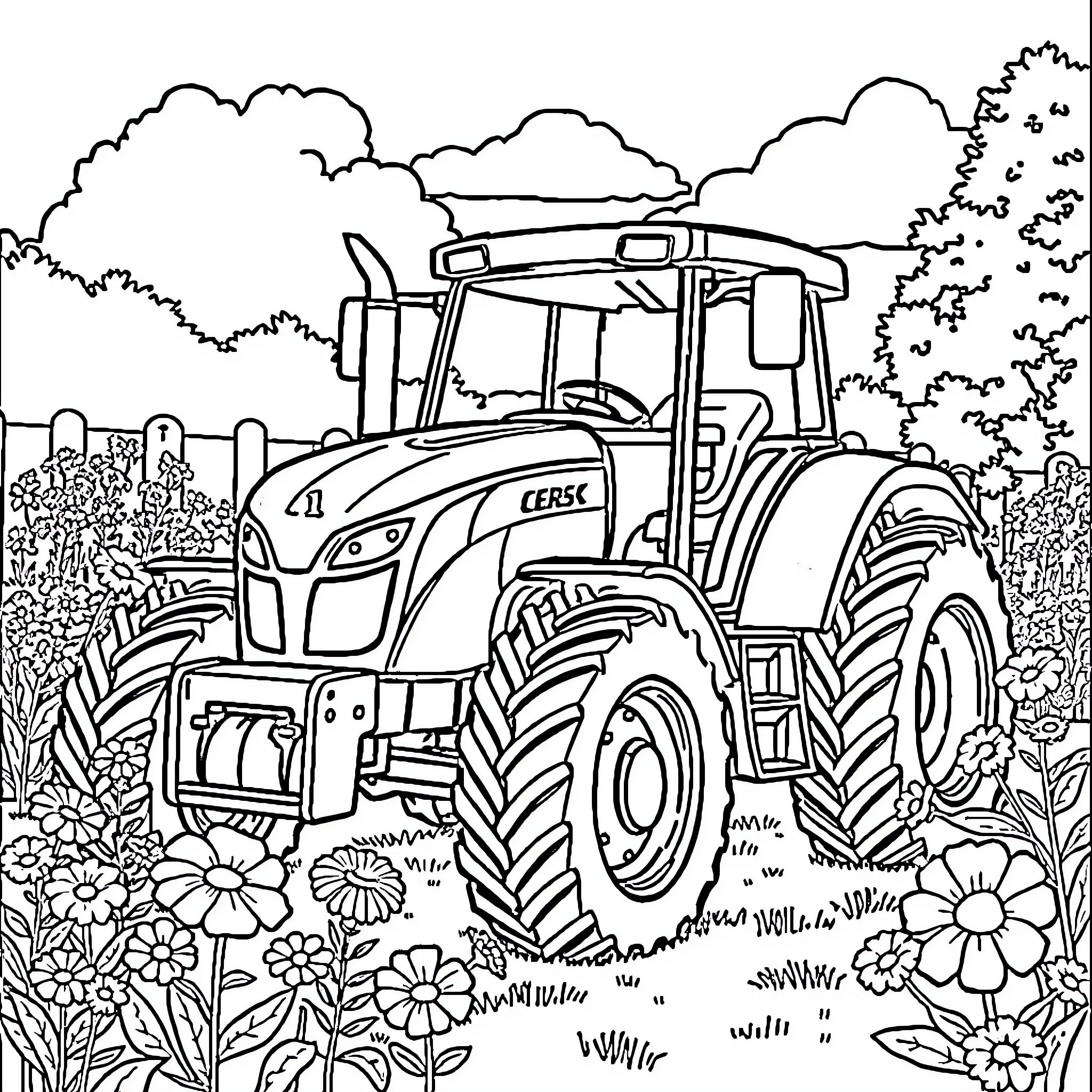 Tractor working in a flower-filled field Coloring Page (free black-and-white line drawing printable PDF for all, from beginners to advanced learners, including children, teens, adults, and seniors)
