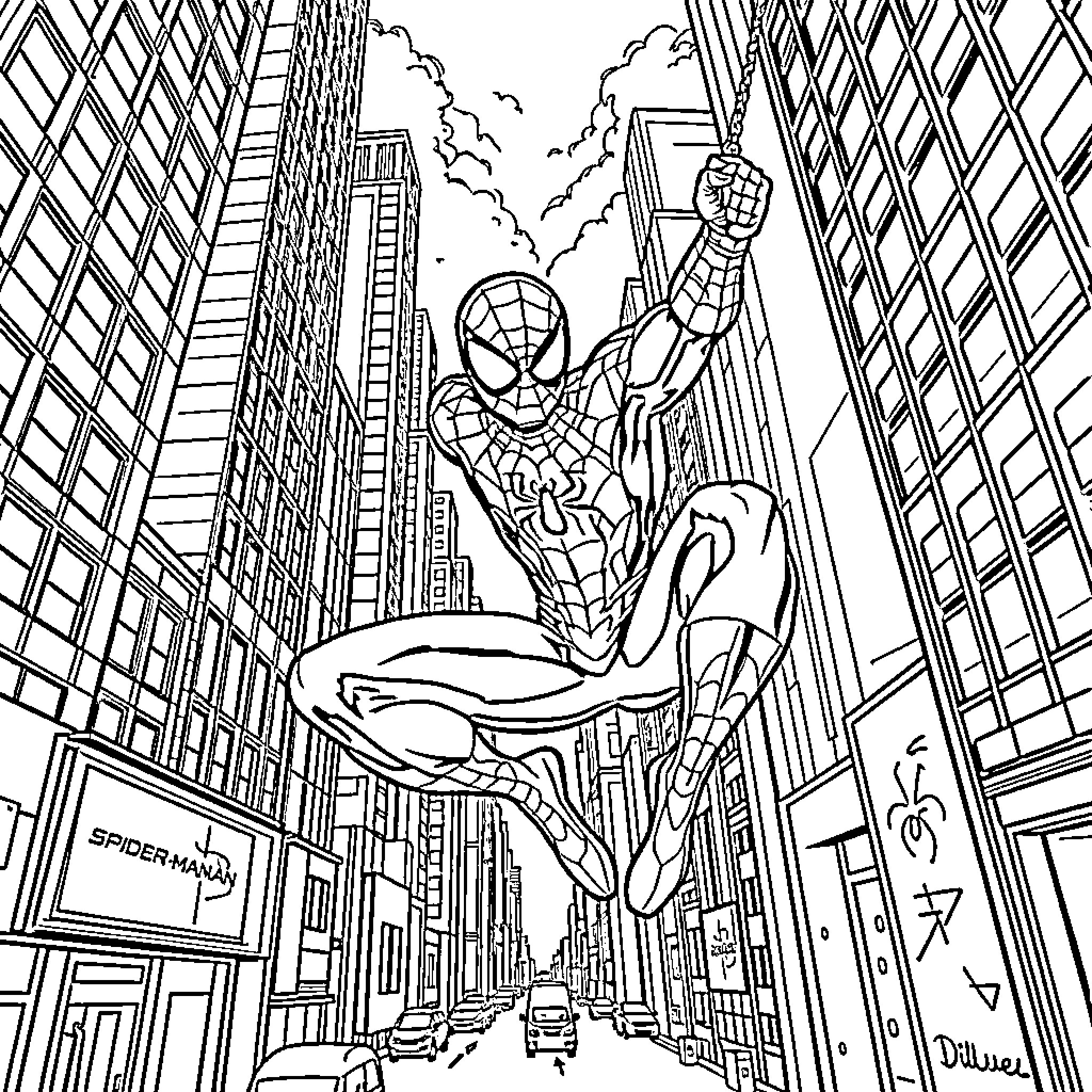 Spider-Man swinging through the cityscape Coloring Page (free black-and-white line drawing printable PDF for all, from beginners to advanced learners, including children, teens, adults, and seniors)