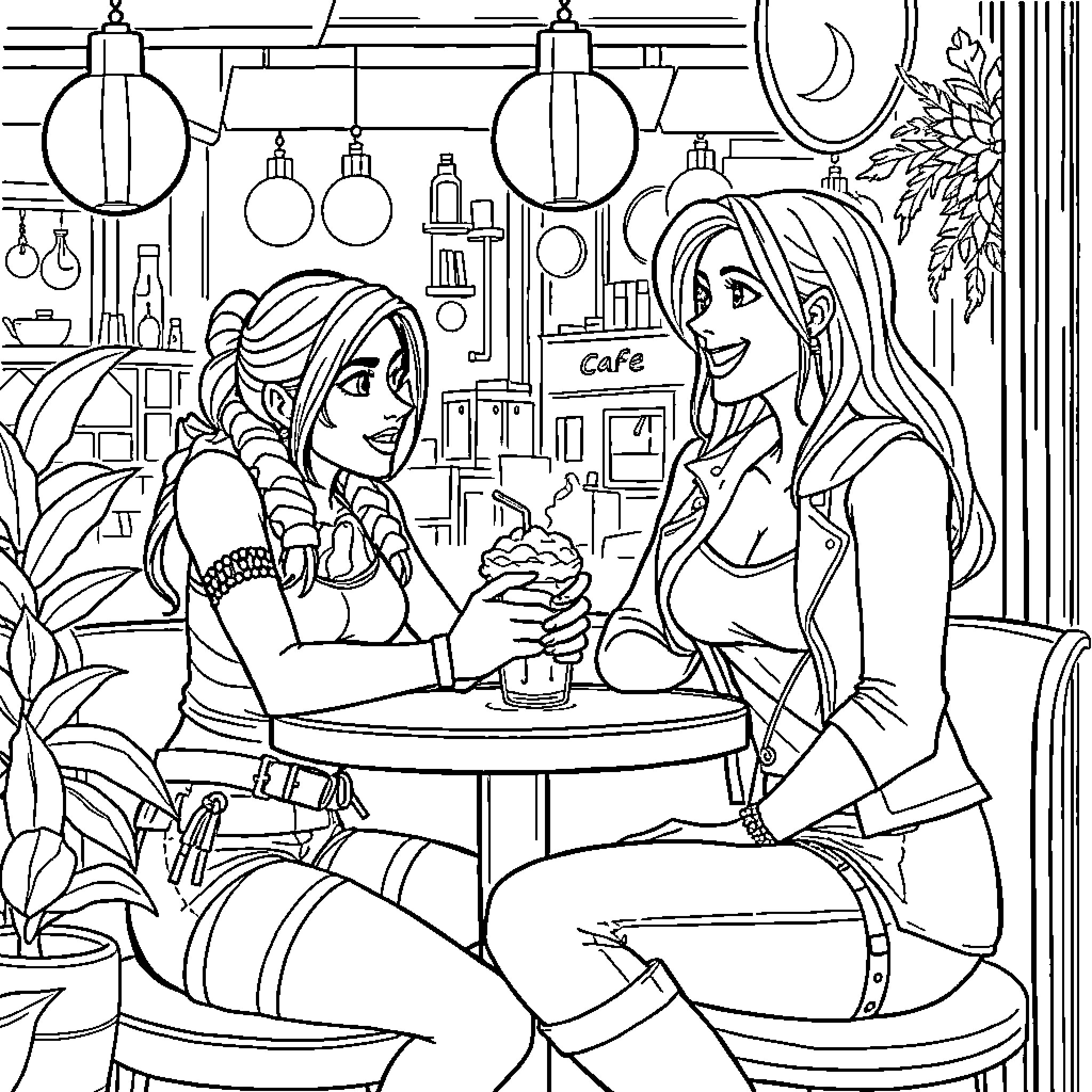 Lara Croft Enjoying a Cafe Outing with Friend Coloring Page (free black-and-white line drawing printable PDF for all, from beginners to advanced learners, including children, teens, adults, and seniors)