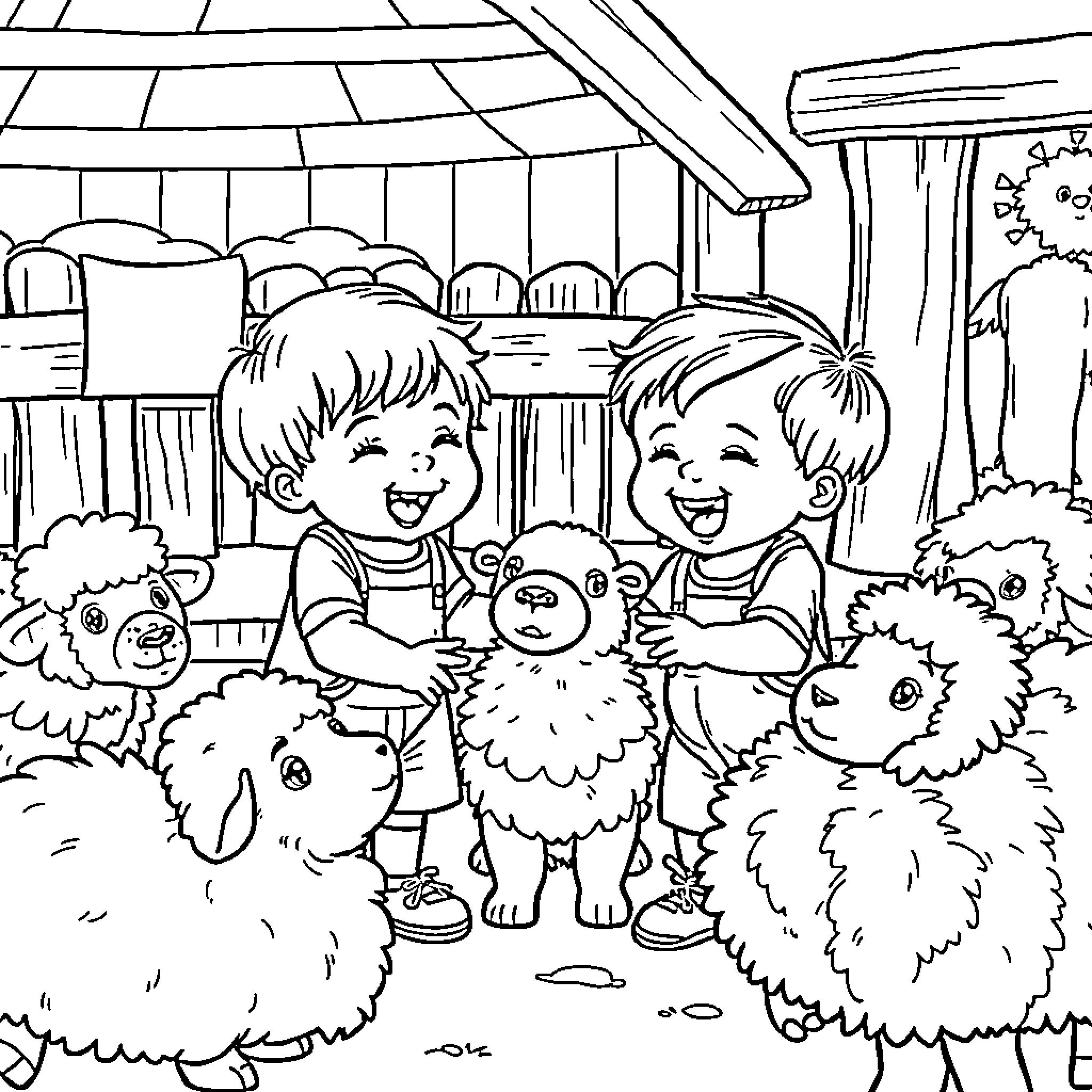 Toddlers playing happily with their furry friends Coloring Page (free black-and-white line drawing printable PDF for all, from beginners to advanced learners, including children, teens, adults, and seniors)